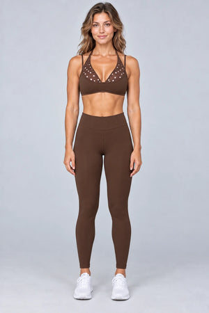 WEARHUB Polyester-Spandex Printed Sports Bra — WHZ087 — Brown with White Polka Dots, color front view