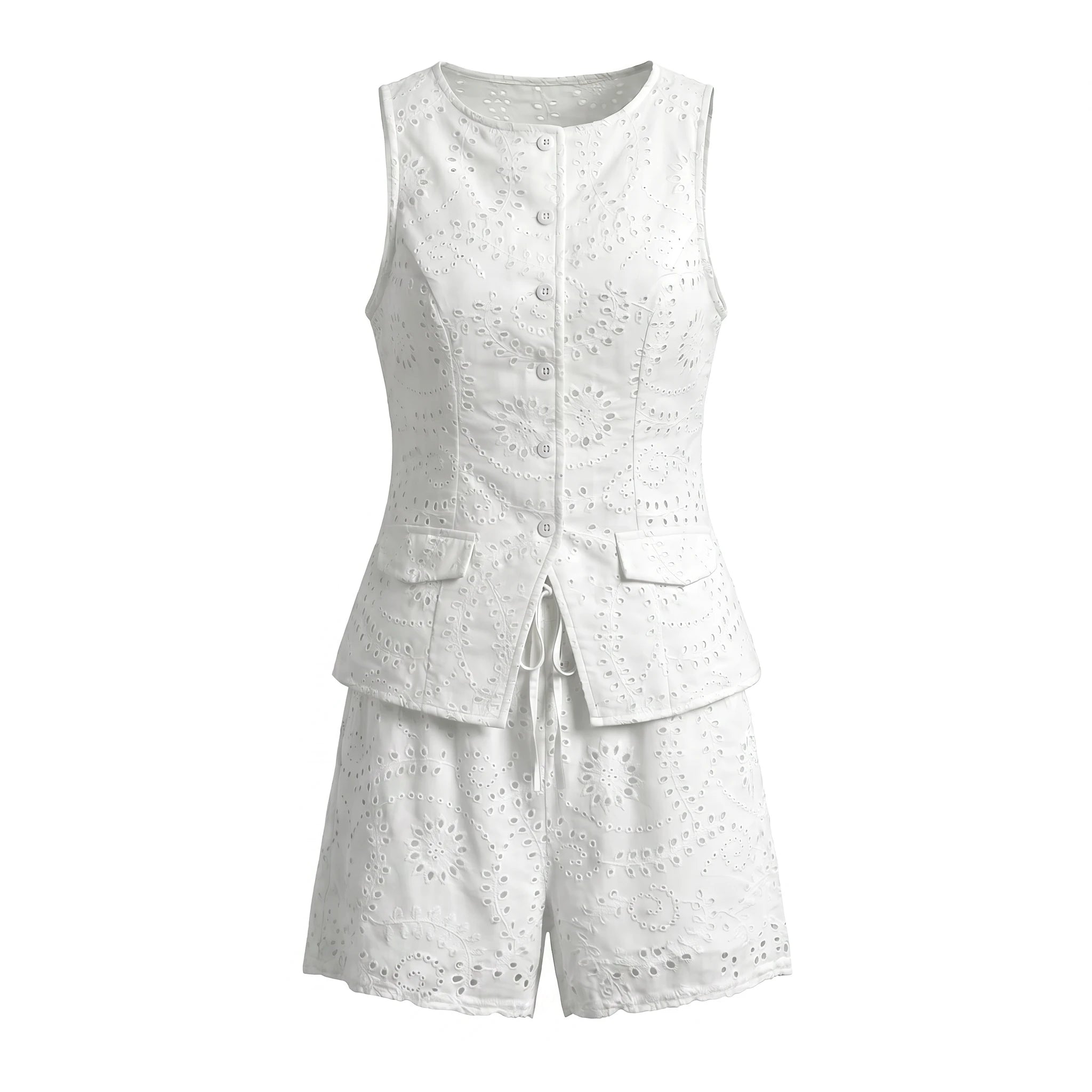White Eyelet Vest Shorts Set WHD0605006-250479