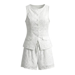 White Eyelet Vest Shorts Set WHD0605006-250479