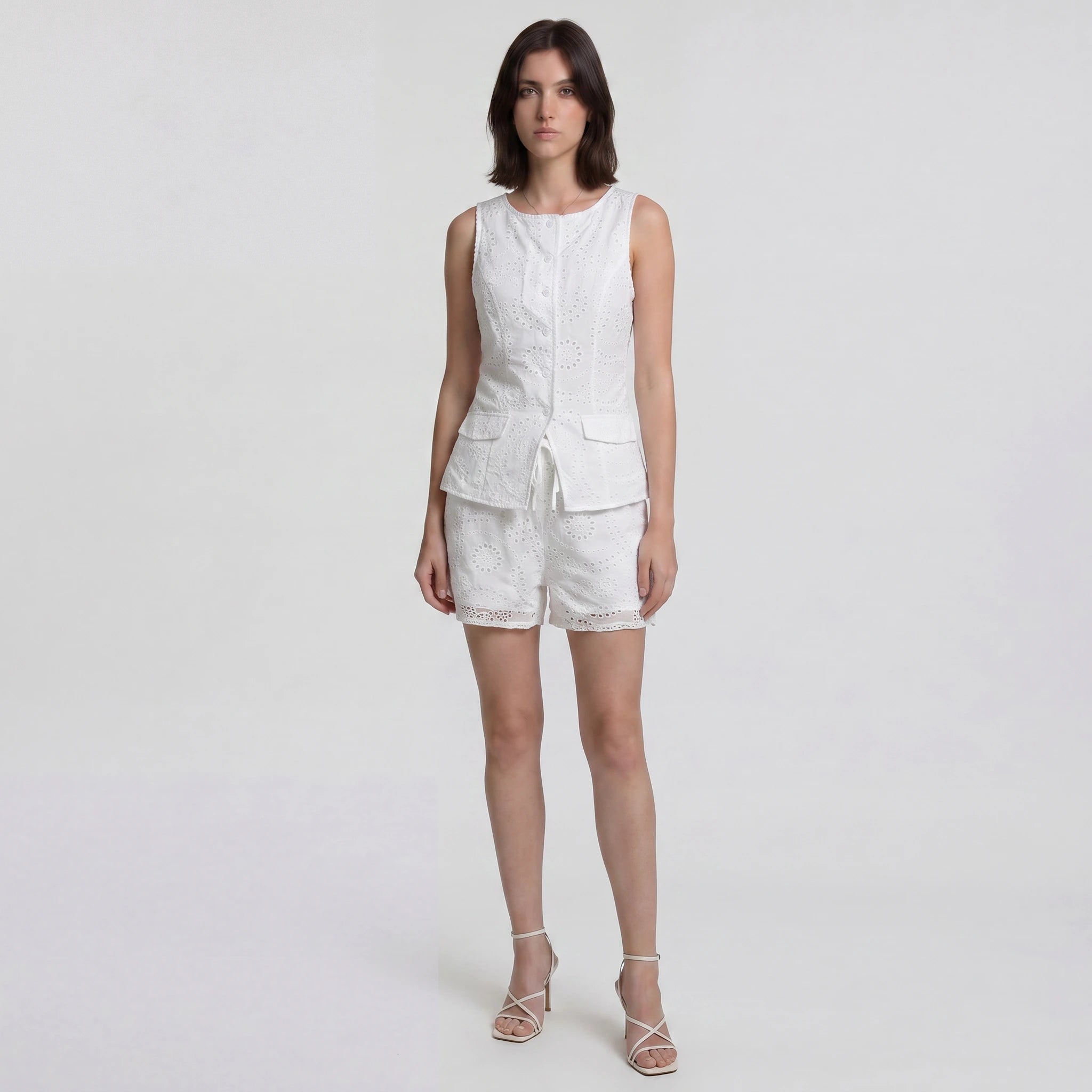 White Eyelet Vest Shorts Set