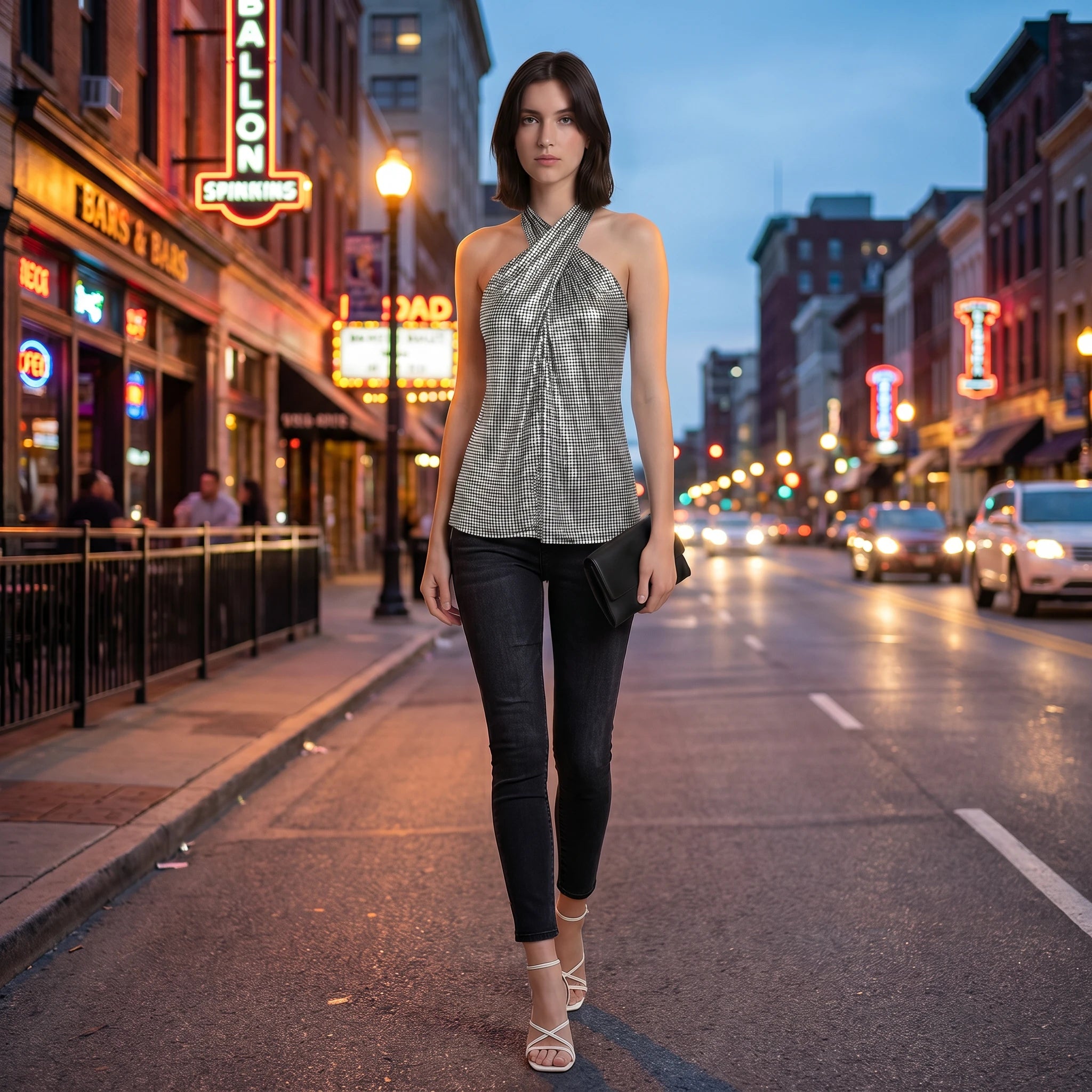 Metallic Grid Halter Top WHD0605008-230428