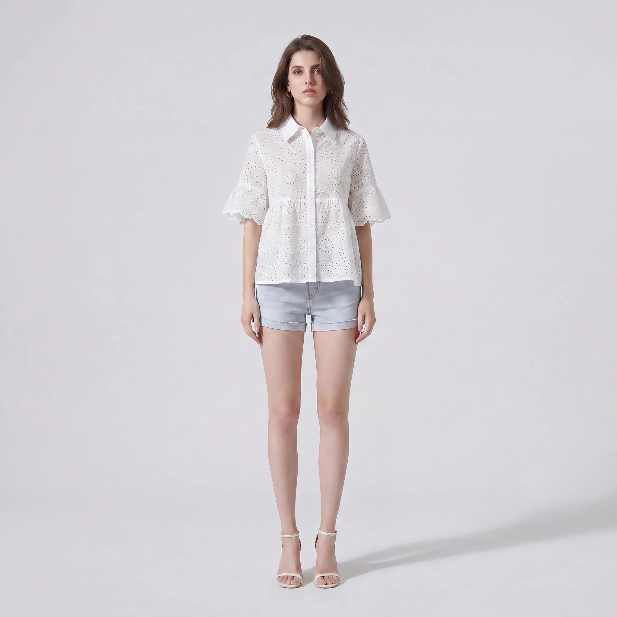 Eyelet Ruffle Sleeve Blouse WHD0605022-250235