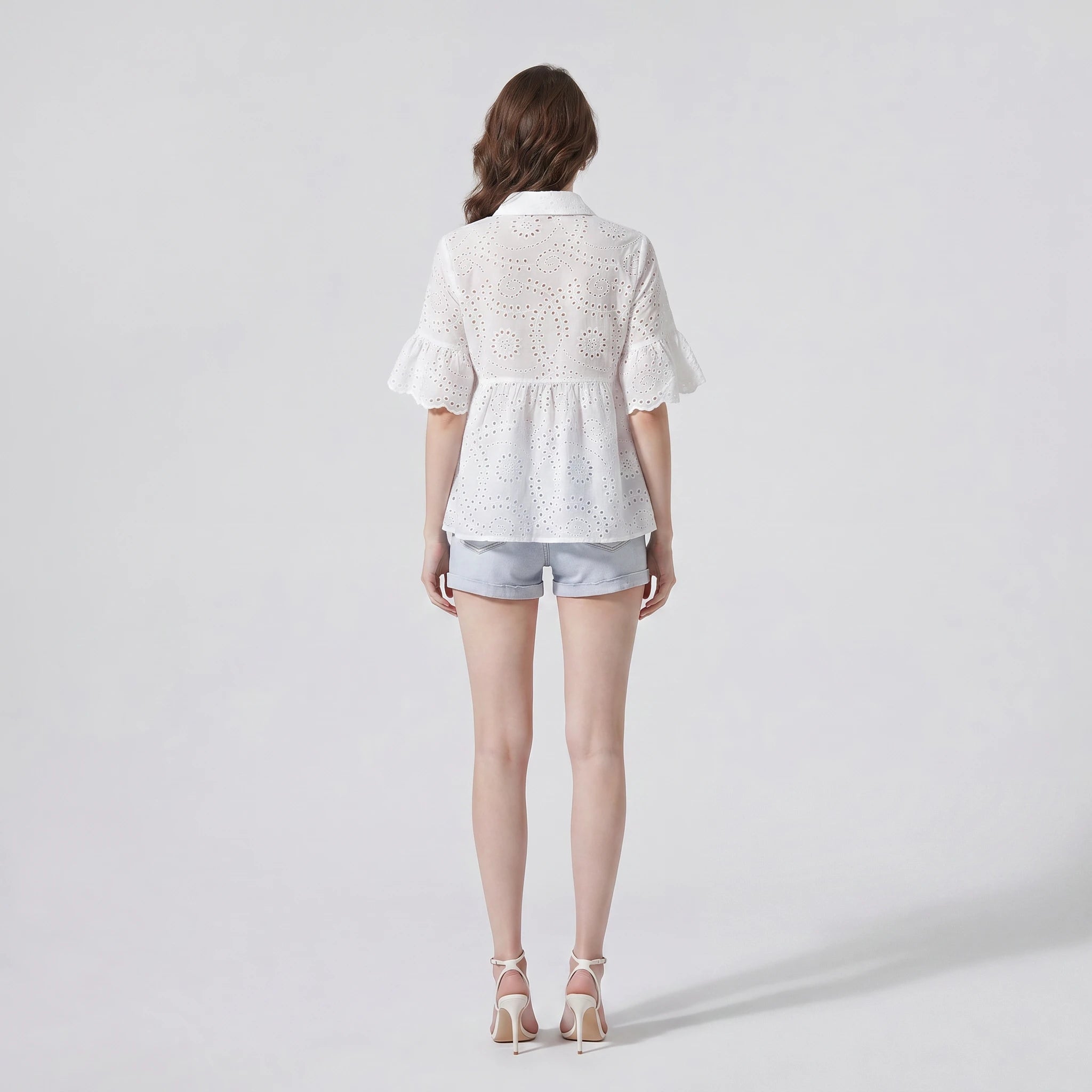 Eyelet Ruffle Sleeve Blouse WHD0605022-250235