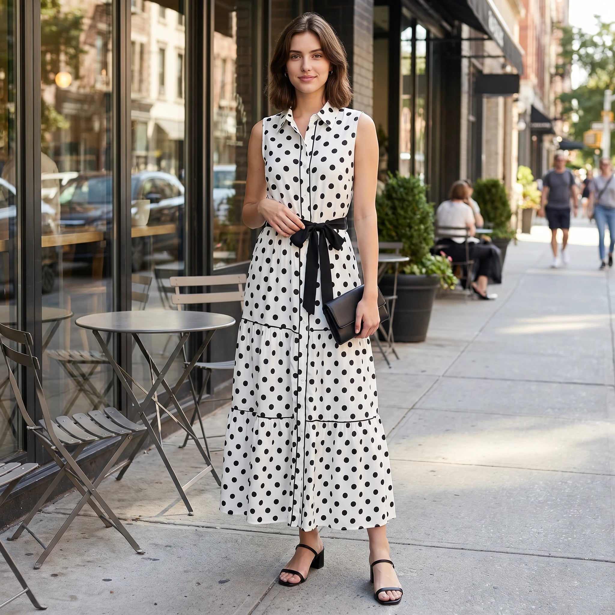 Polka Dot Tie-Waist Maxi Dress WHD0605027-S-260351