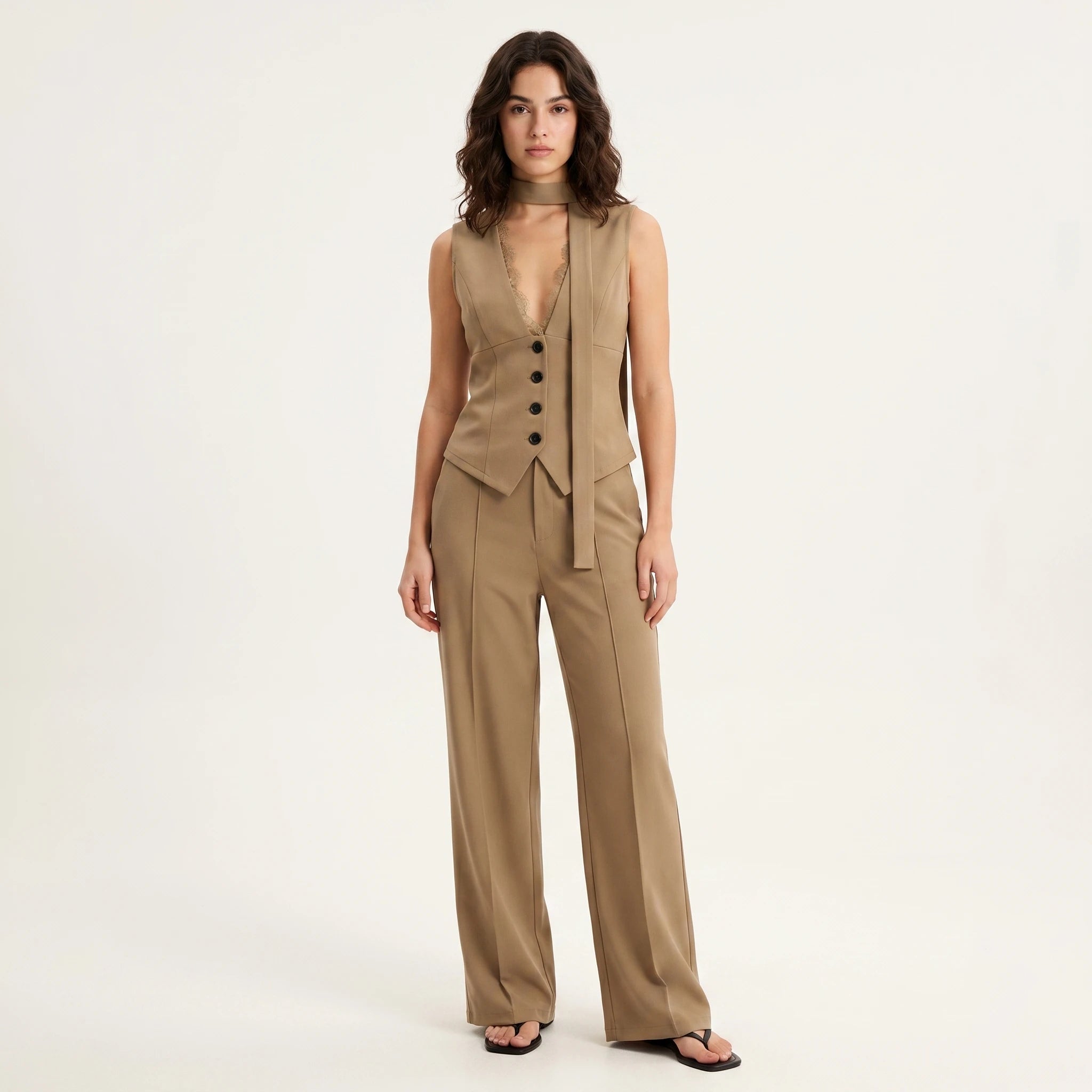 Khaki Vest Wide Leg Set WHD0605029-S-2604111