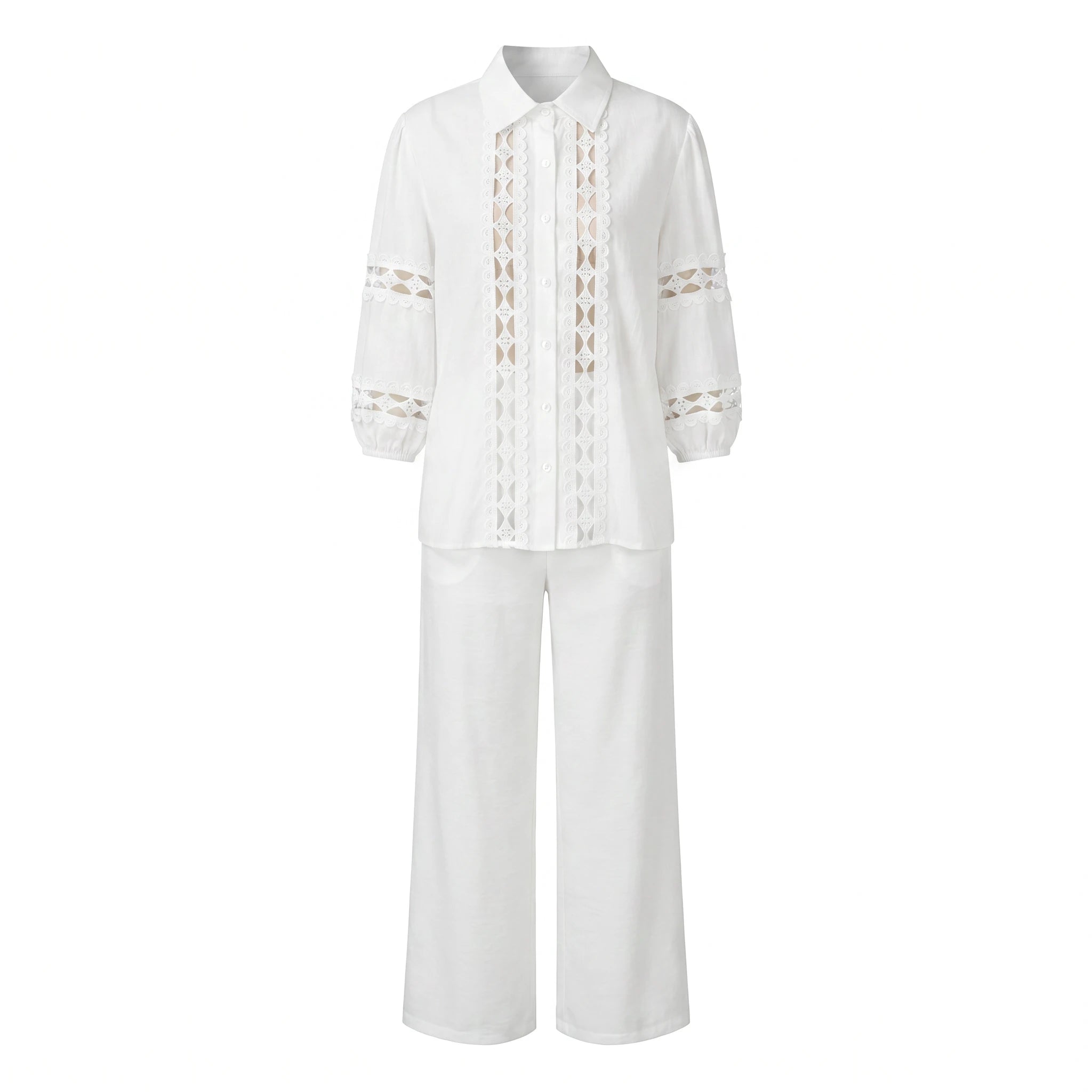 White Lace Panel Pant Set WHD0605030-S-260385