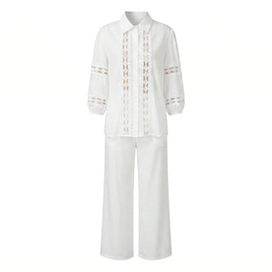 White Lace Panel Pant Set WHD0605030-S-260385