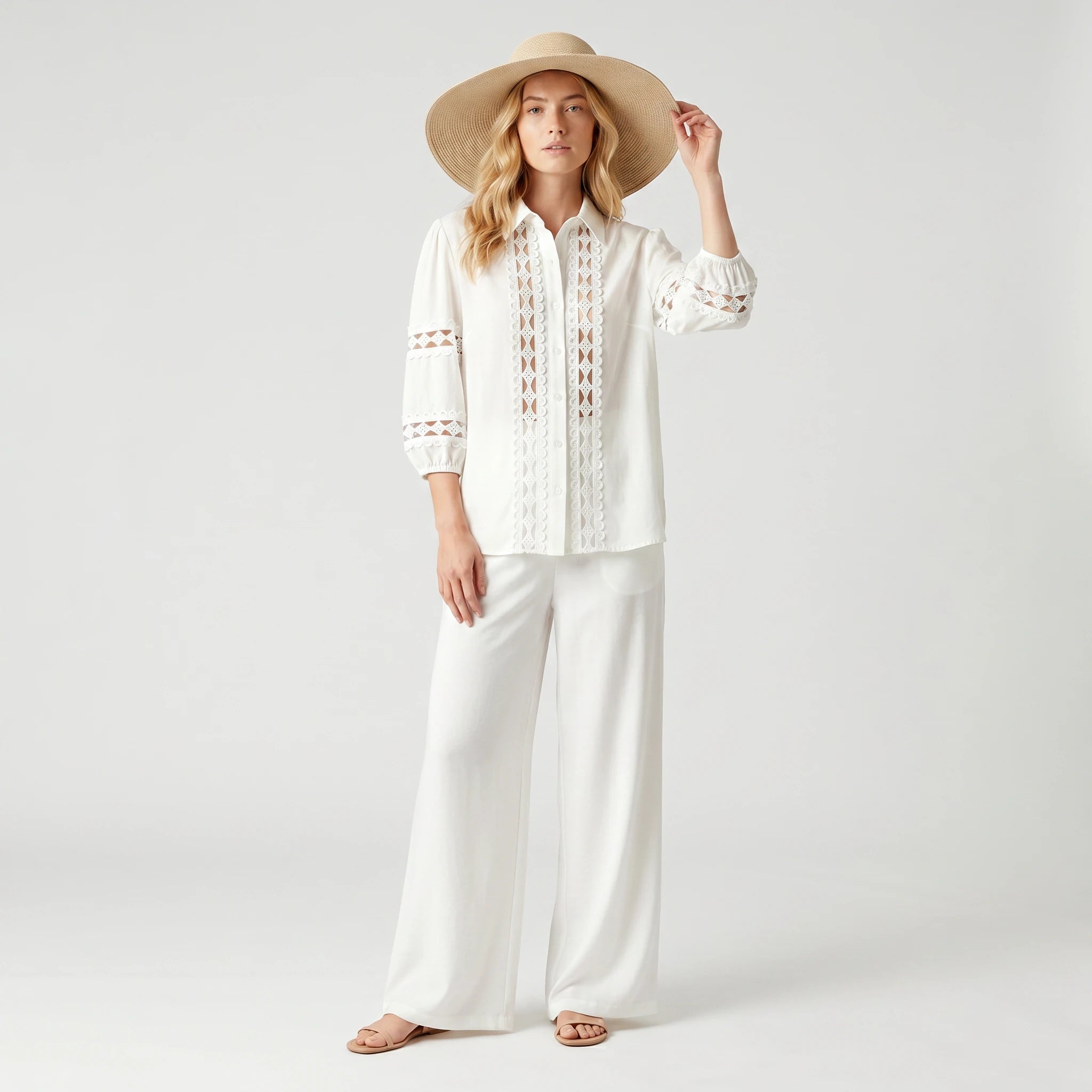 White Lace Panel Pant Set WHD0605030-S-260385