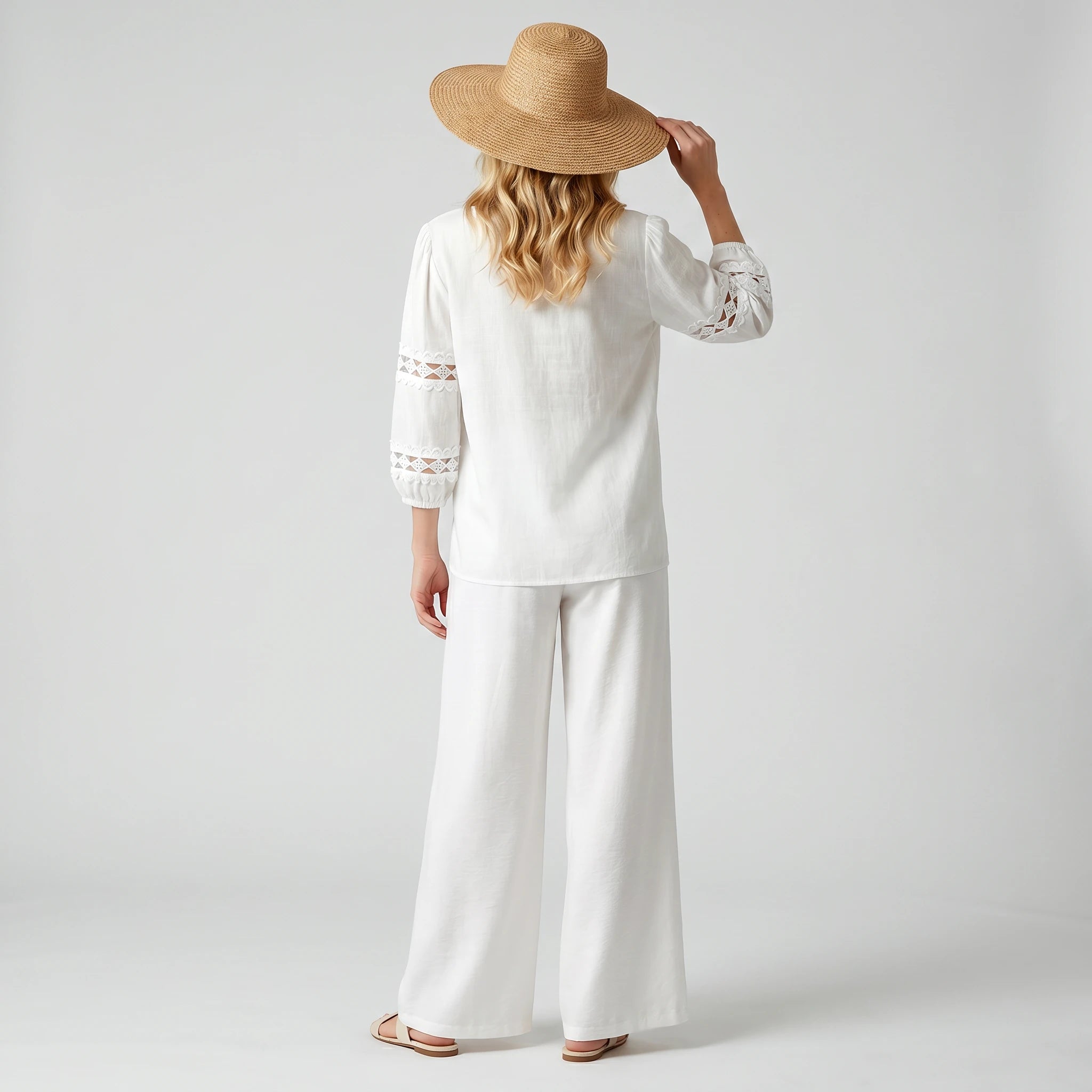 White Lace Panel Pant Set WHD0605030-S-260385