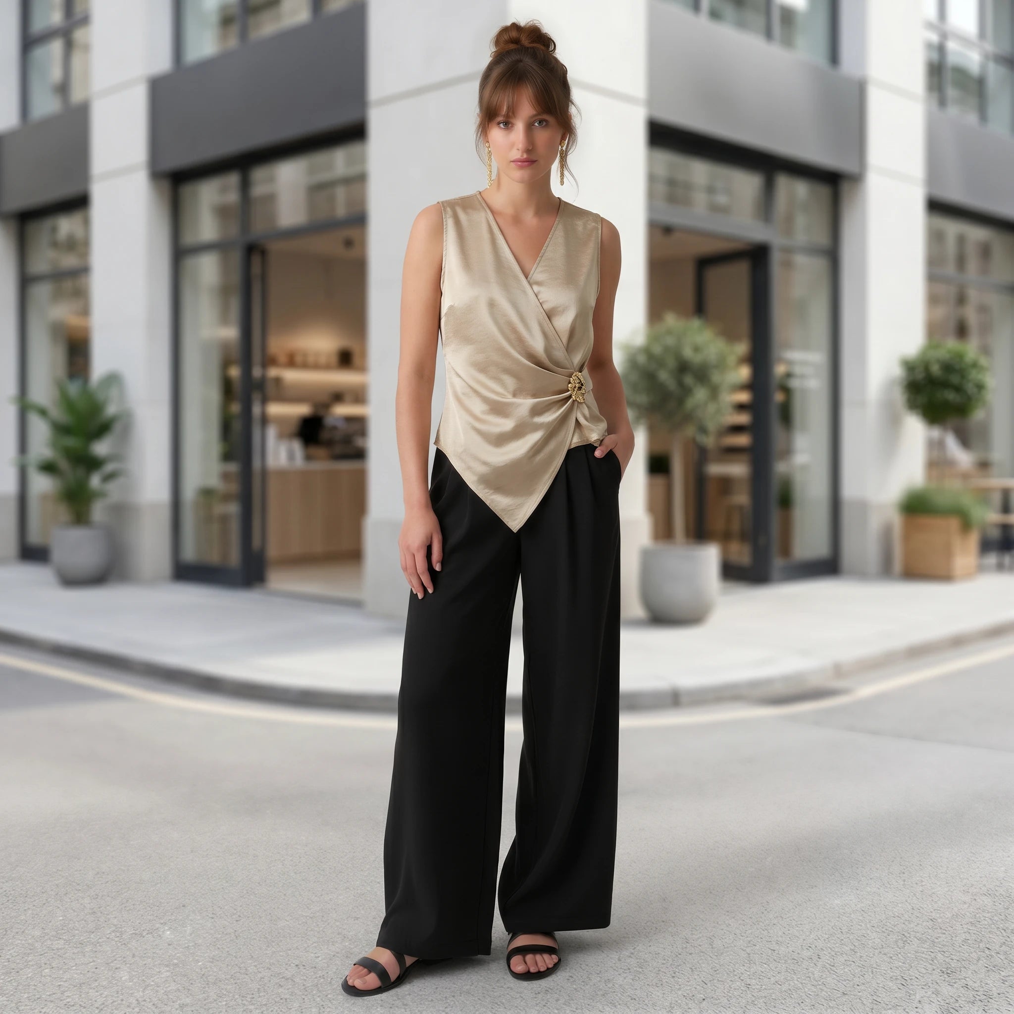 Draped Satin Cap Sleeve Top WHD0605031-S-260470