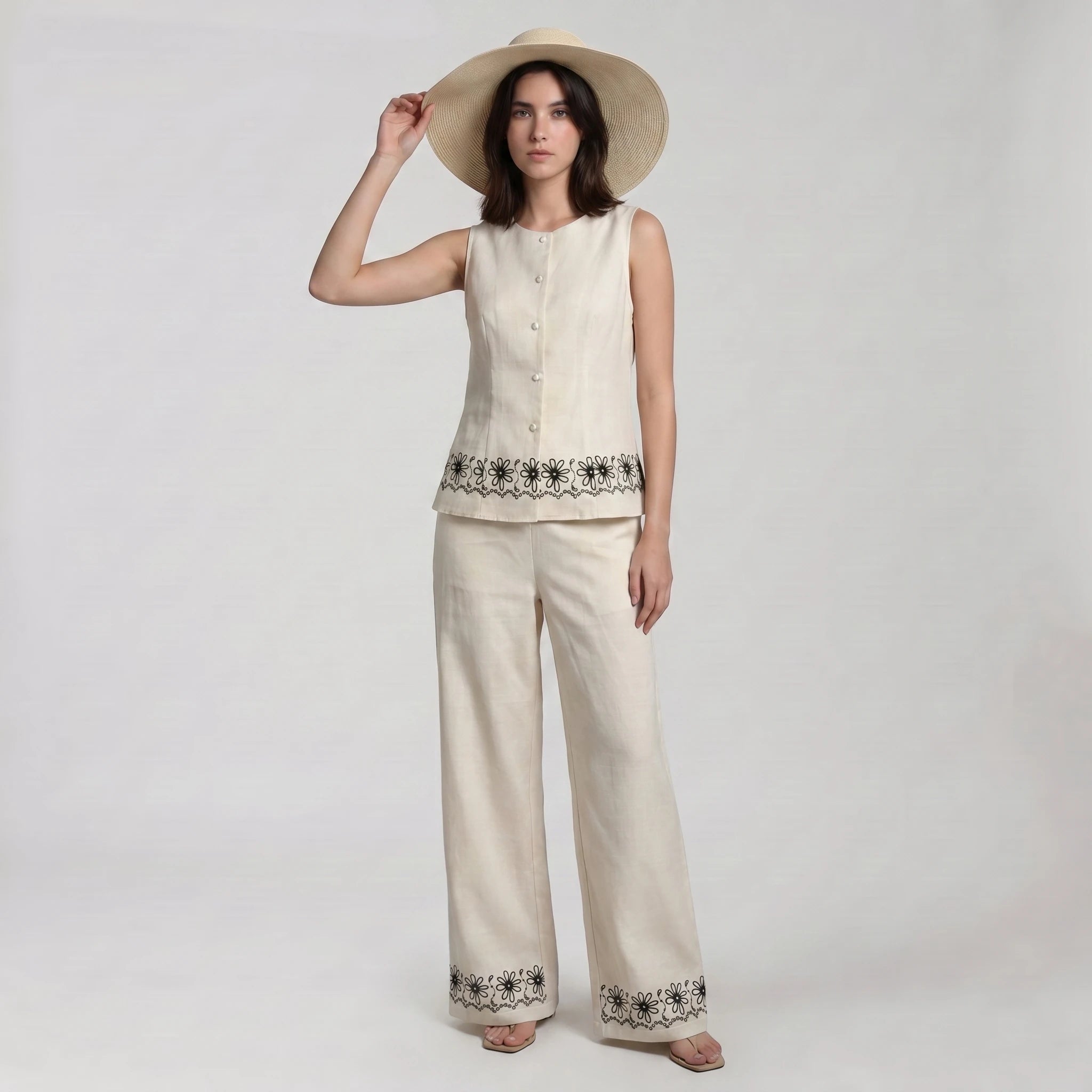 Embroidered Hem Pant Set WHD0605038-S-260472