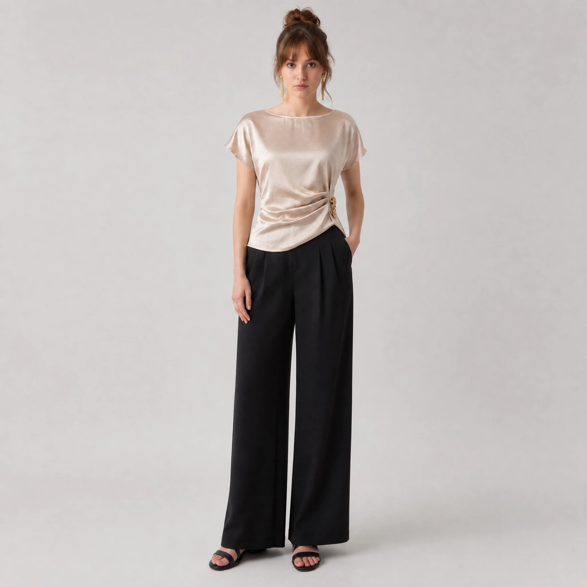 Ruched Satin Metal Accent Top WHD0605042-S-2604147