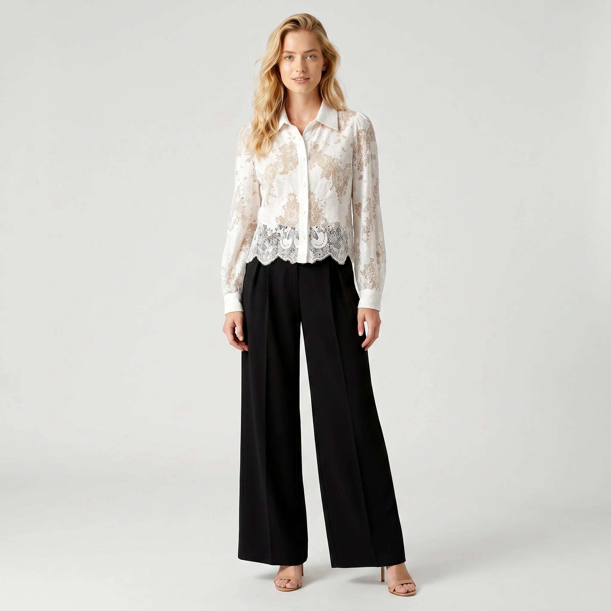 Floral Lace Button-Up Shirt WHD0605044-S-2604144