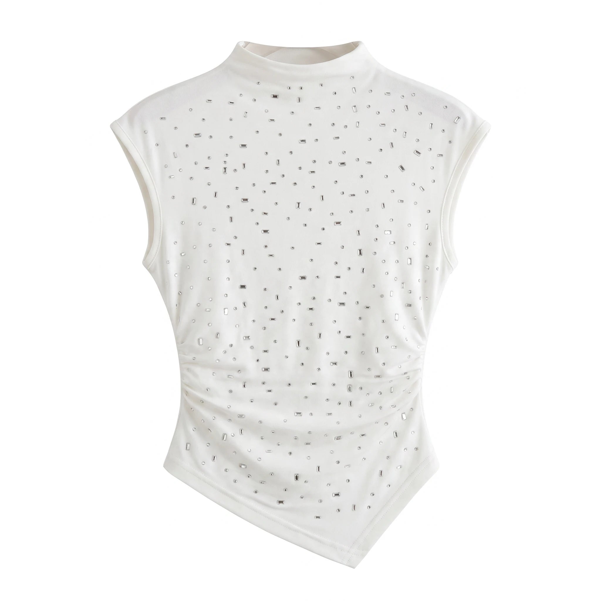 Mock Neck Rhinestone Sleeveless Fitted Asymmetric Top WHD0605046-S-2603183