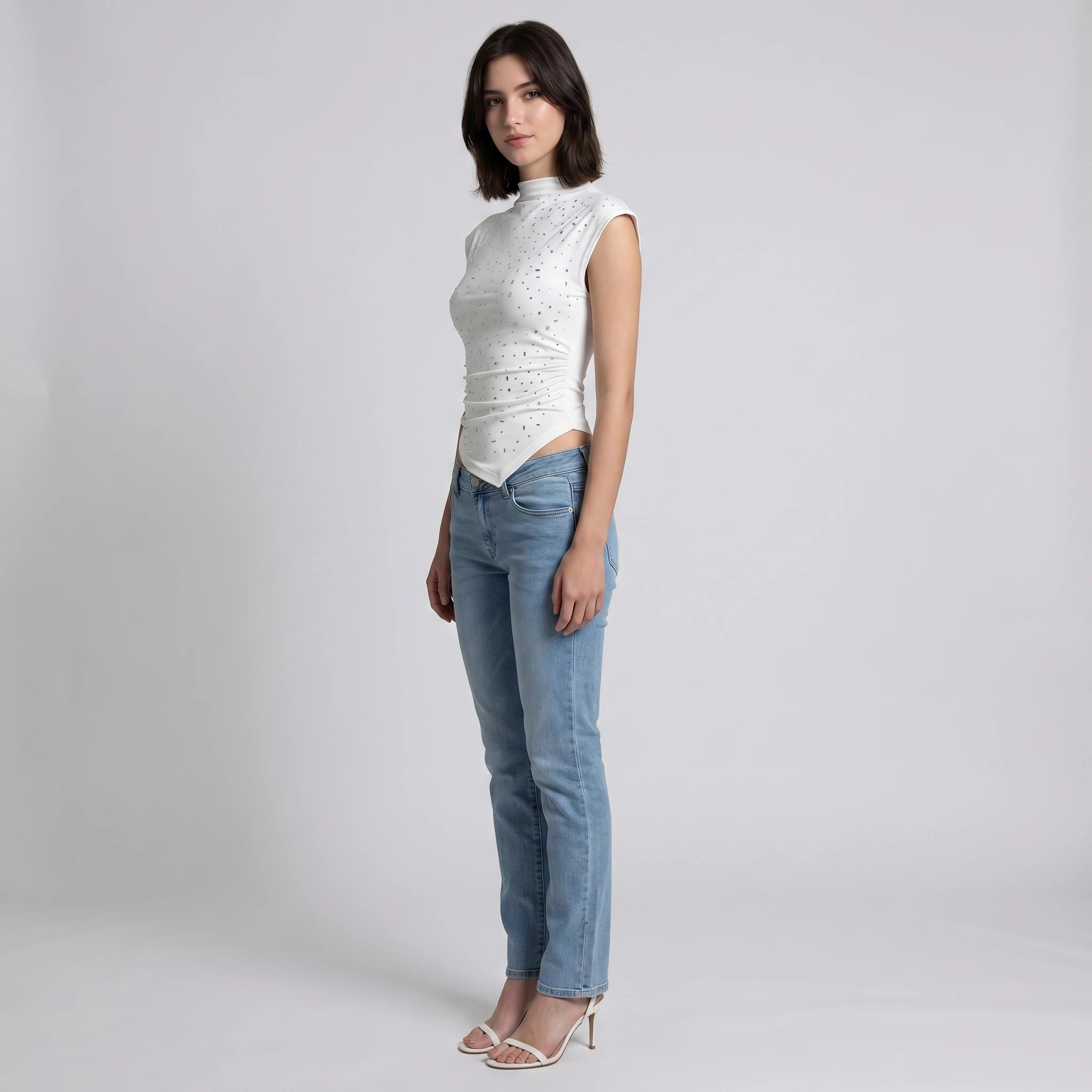 Mock Neck Rhinestone Sleeveless Fitted Asymmetric Top WHD0605046-S-2603183