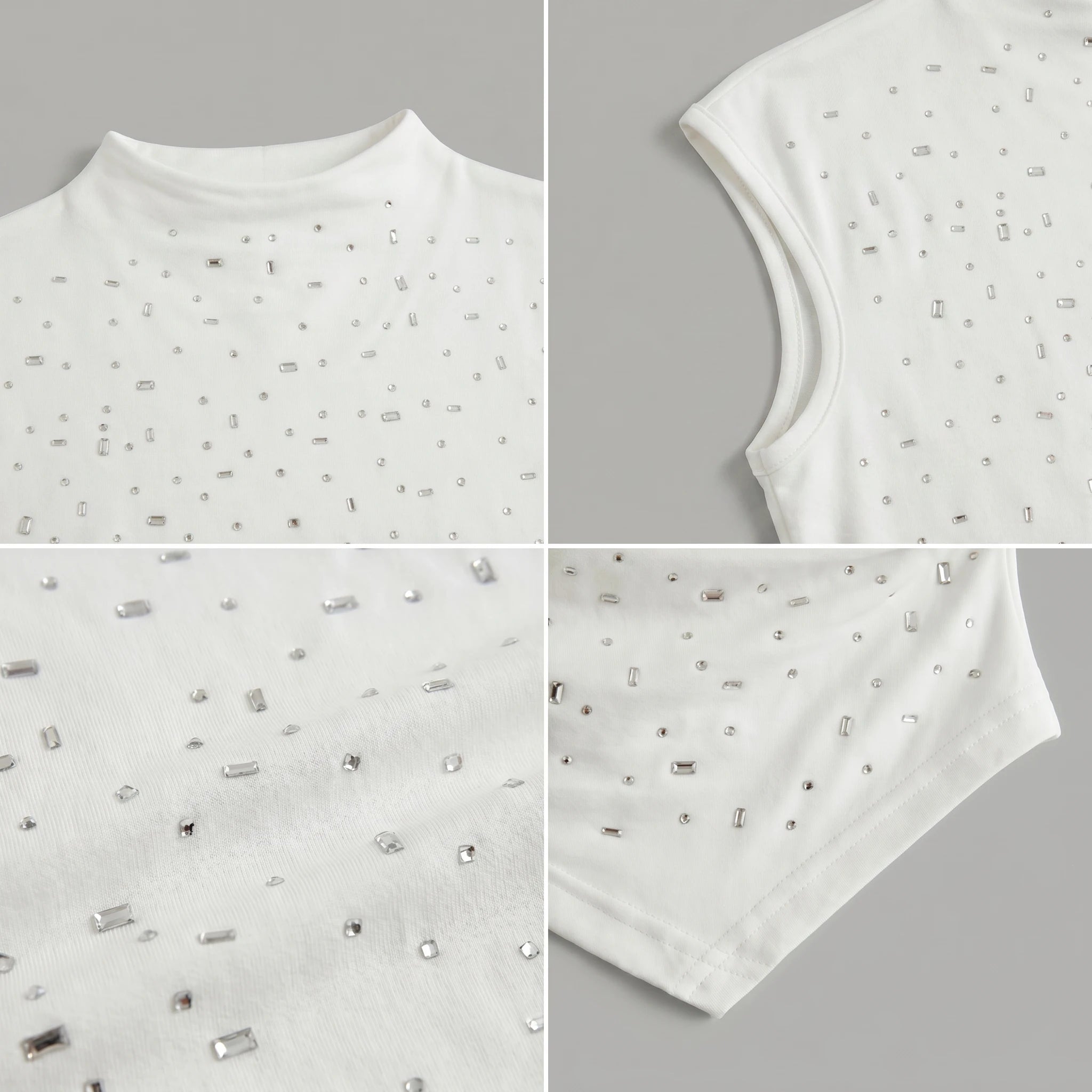 Mock Neck Rhinestone Sleeveless Fitted Asymmetric Top WHD0605046-S-2603183