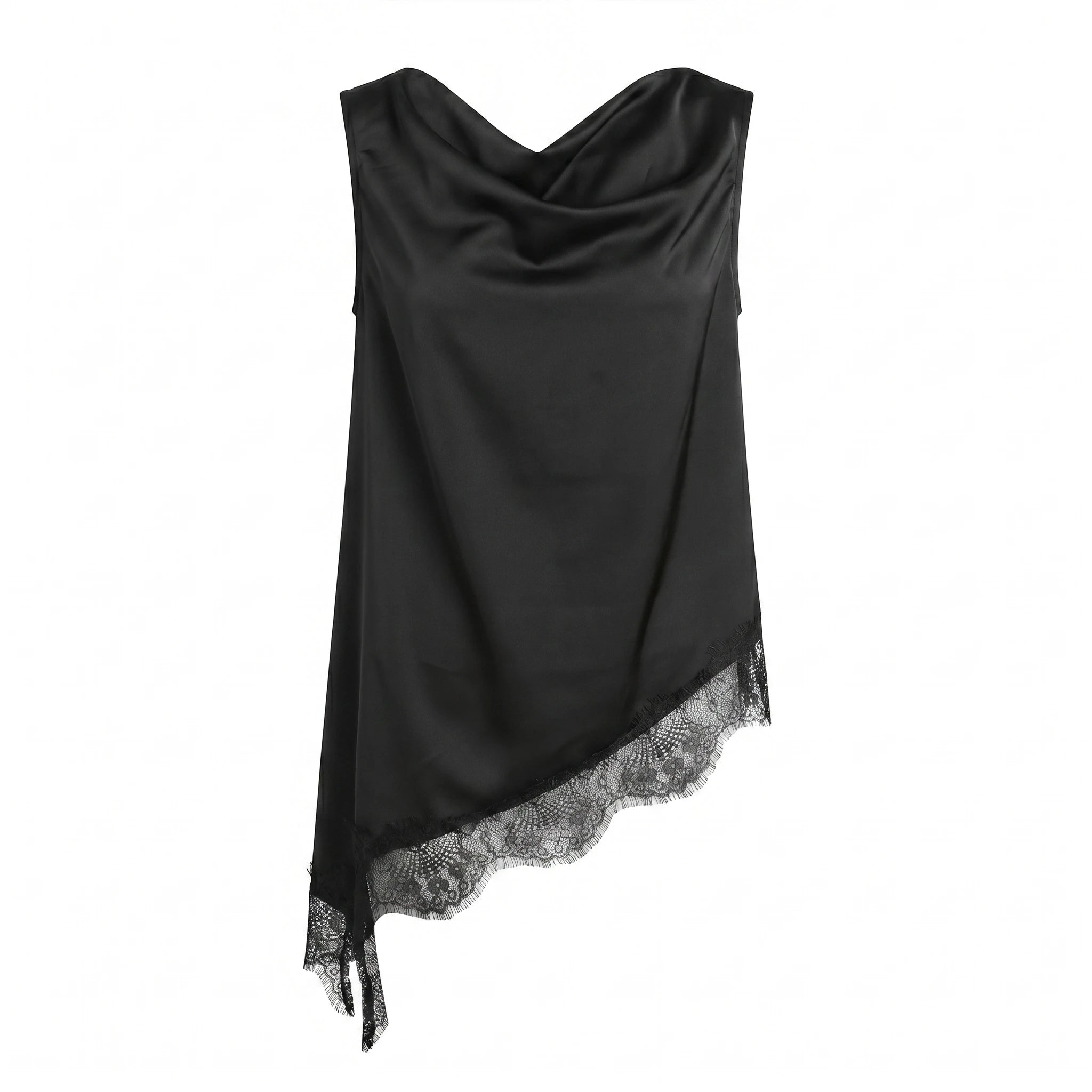 Draped Lace Hem Satin Sleeveless Top WHD0605051-A19431