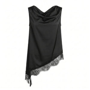 Draped Lace Hem Satin Sleeveless Top WHD0605051-A19431