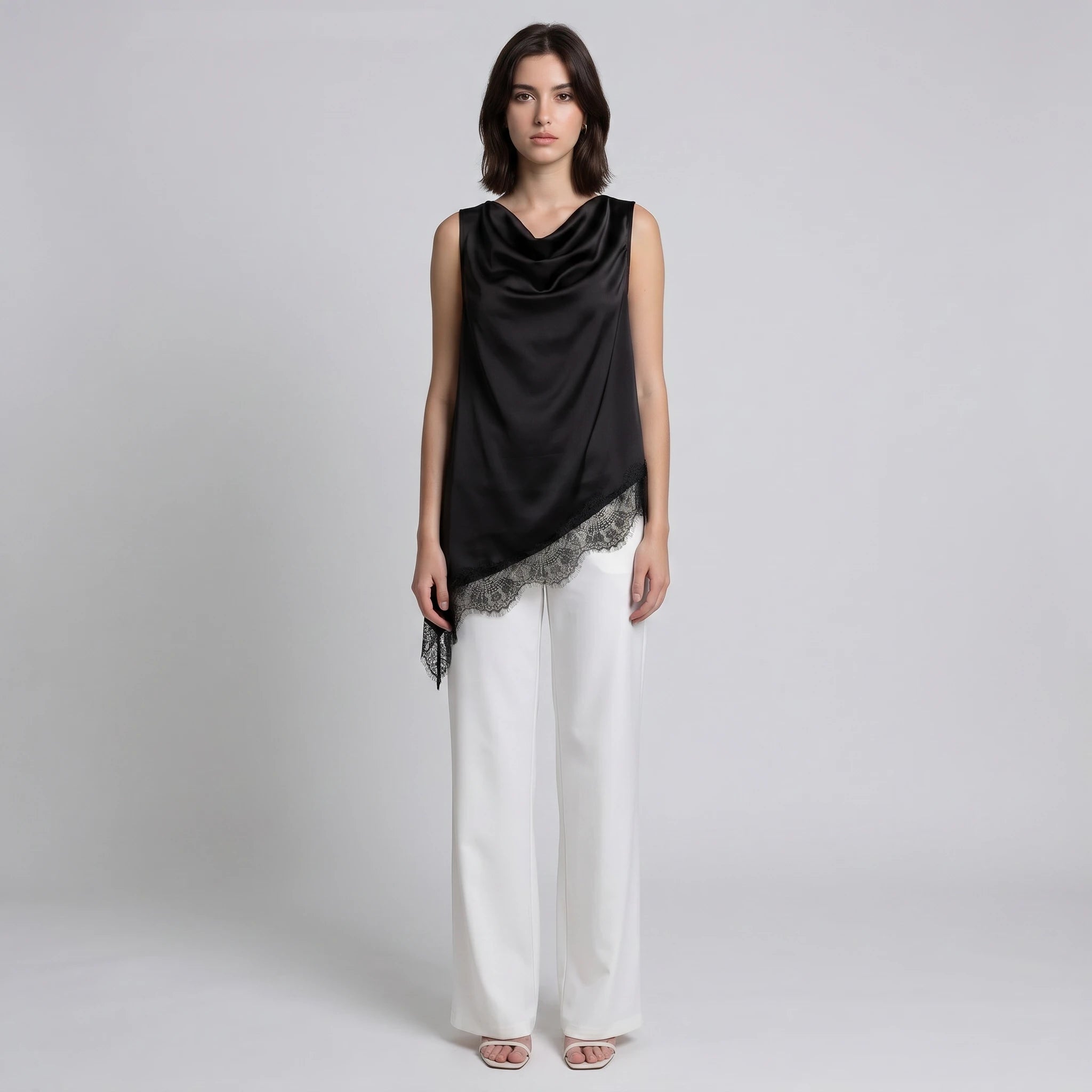 Draped Lace Hem Satin Sleeveless Top WHD0605051-A19431