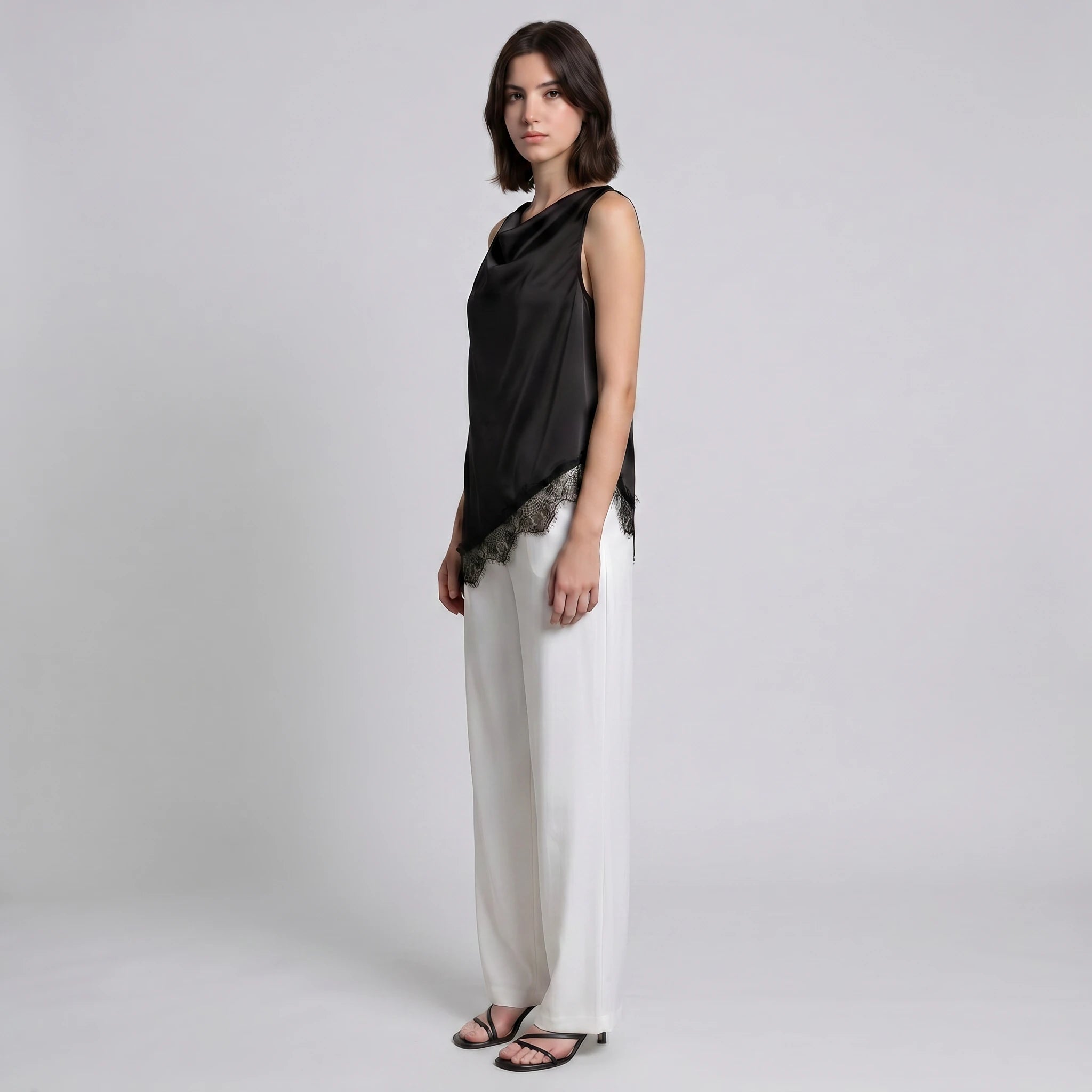 Draped Lace Hem Satin Sleeveless Top WHD0605051-A19431