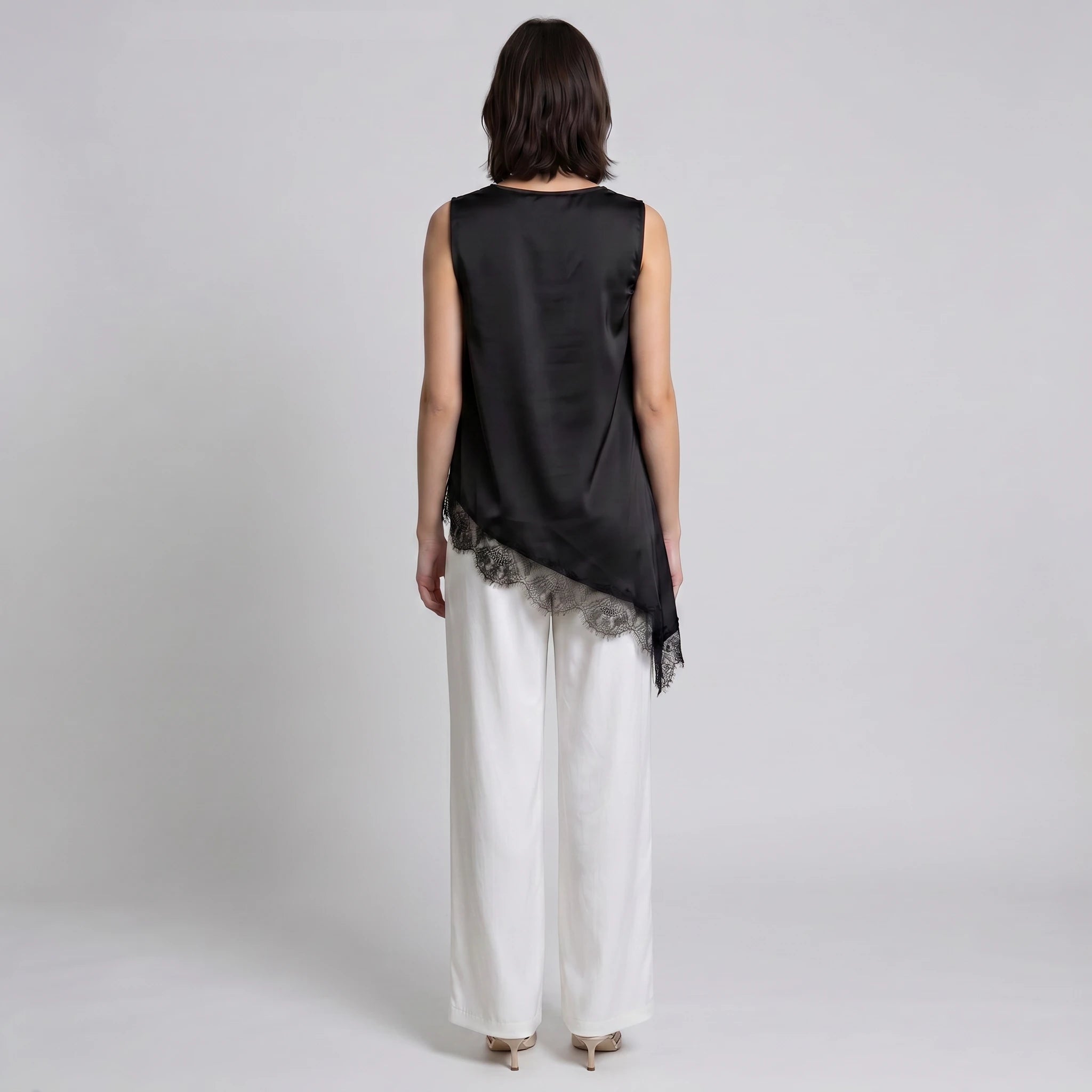 Draped Lace Hem Satin Sleeveless Top WHD0605051-A19431
