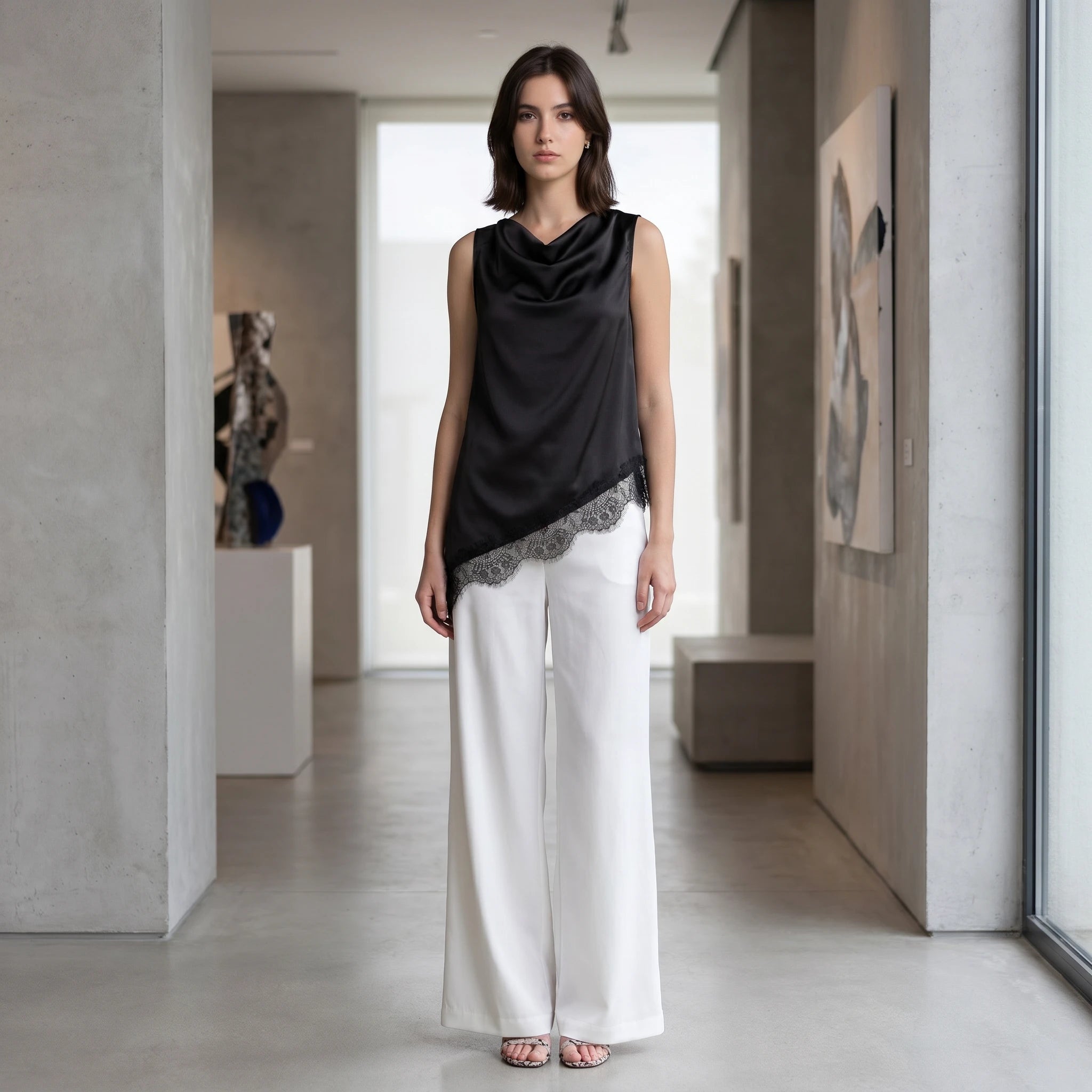 Draped Lace Hem Satin Sleeveless Top WHD0605051-A19431