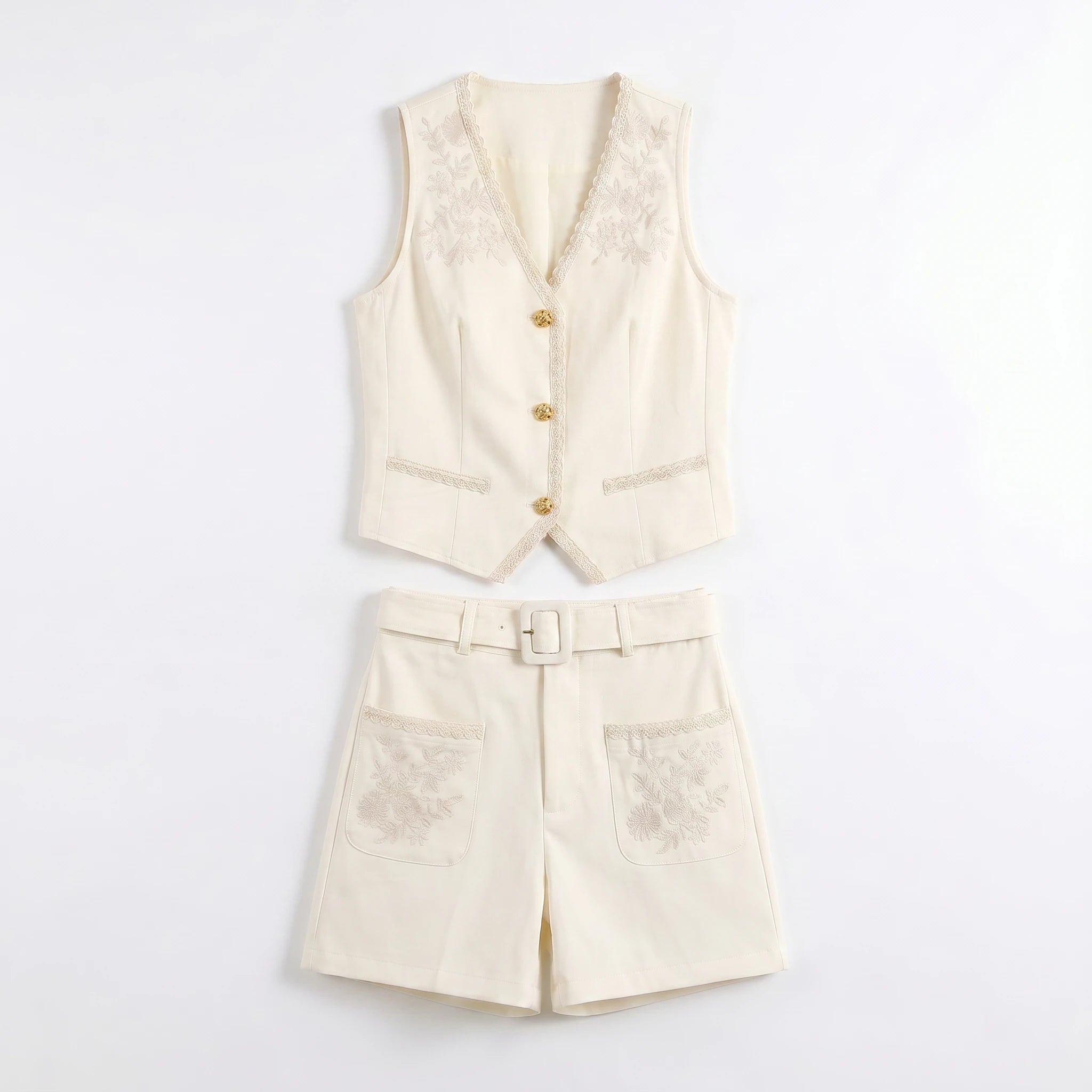 Lace & Embroidered Vest and Shorts Set WHD0605057-S-2506185