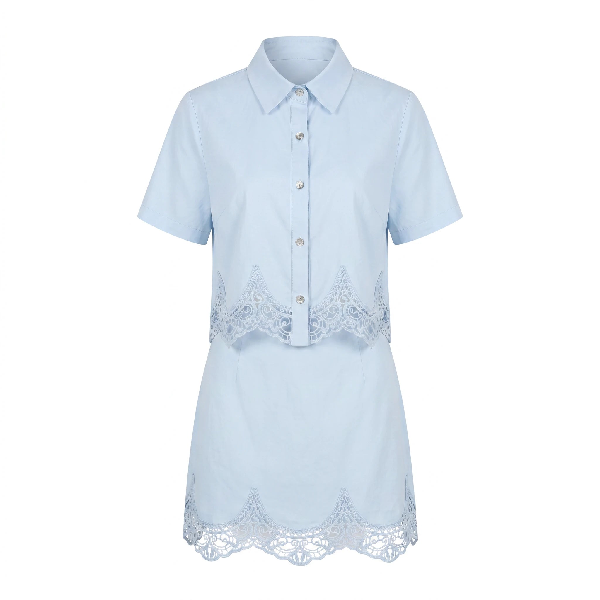 Women's Lace Trim Two-Piece Shirt & Mini Skirt Set WHD0605061-S-2603206