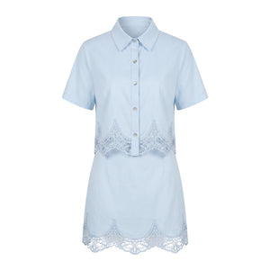 Women's Lace Trim Two-Piece Shirt & Mini Skirt Set WHD0605061-S-2603206