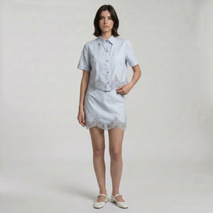 Women's Lace Trim Two-Piece Shirt & Mini Skirt Set WHD0605061-S-2603206