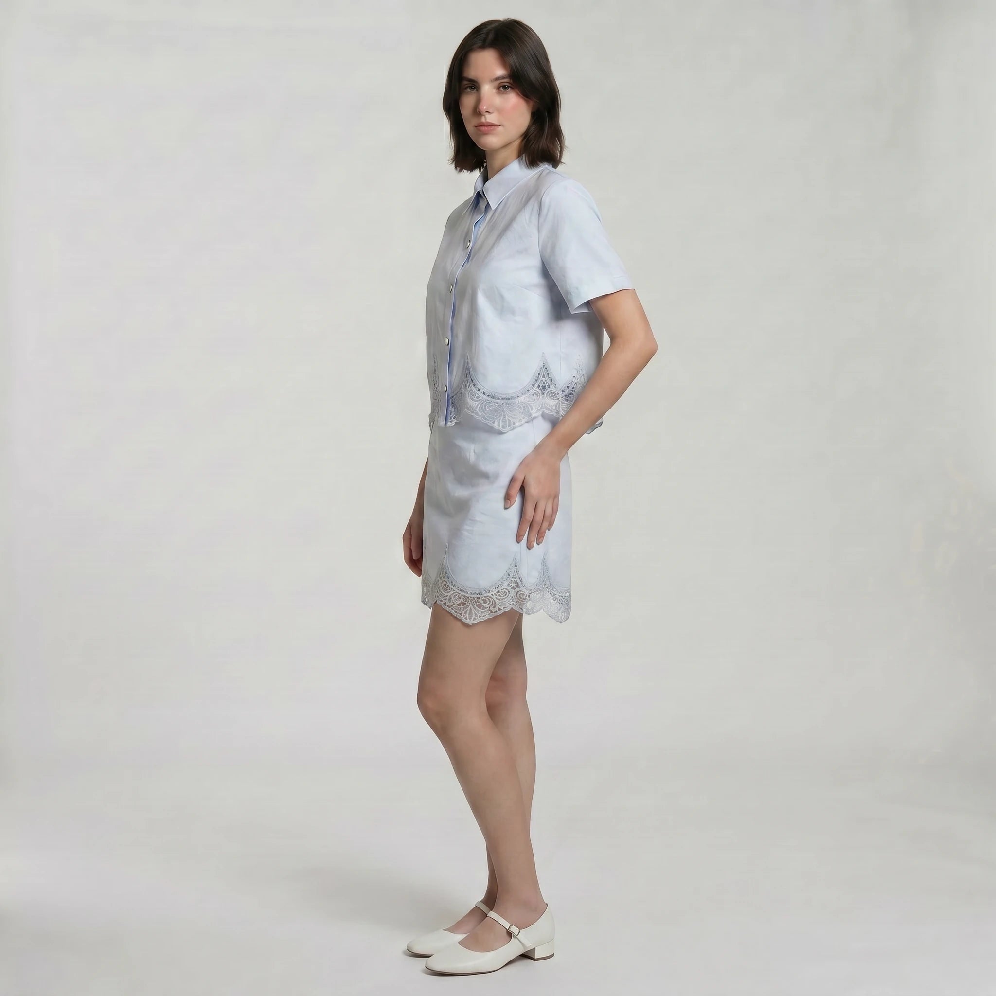 Women's Lace Trim Two-Piece Shirt & Mini Skirt Set WHD0605061-S-2603206