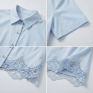 Women's Lace Trim Two-Piece Shirt & Mini Skirt Set WHD0605061-S-2603206