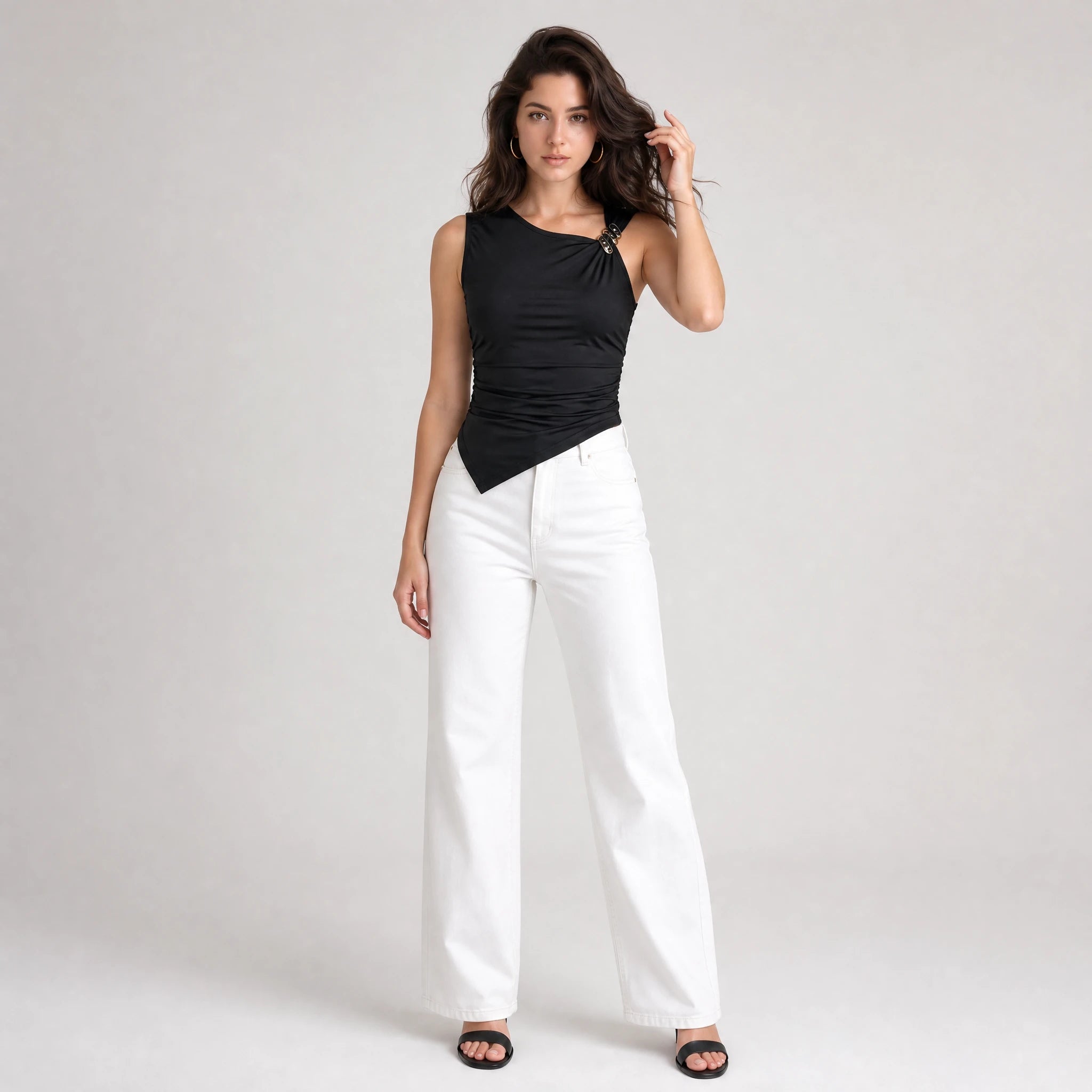 Women's Asymmetrical Ruched Sleeveless Top with Metal Buckle WHD0605062-S-251180