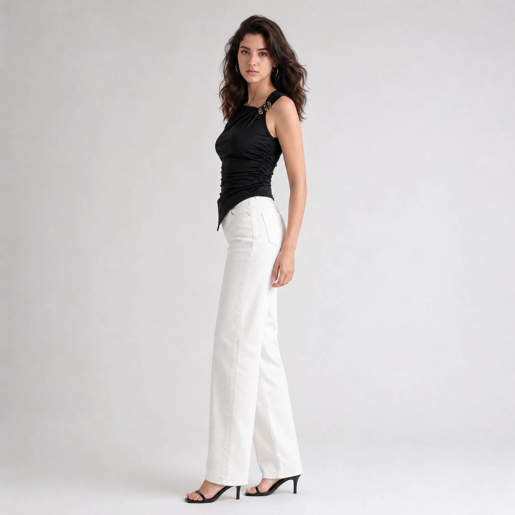 Women's Asymmetrical Ruched Sleeveless Top with Metal Buckle WHD0605062-S-251180
