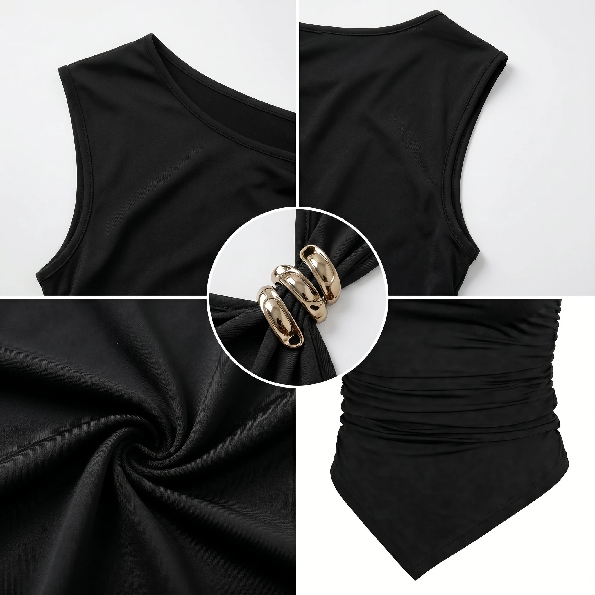 Women's Asymmetrical Ruched Sleeveless Top with Metal Buckle WHD0605062-S-251180