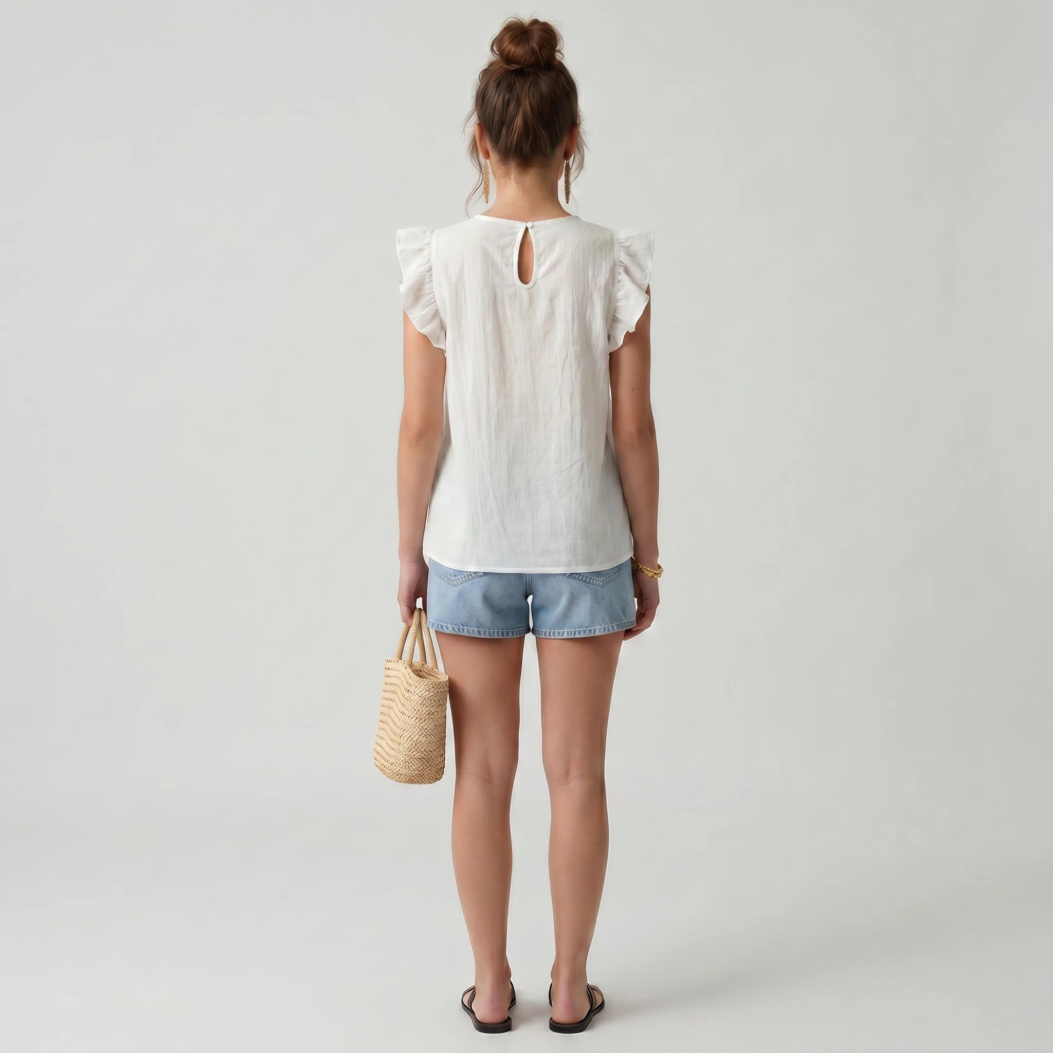 Embroidered Ruffle Sleeve Top WHD0605065-S-251022