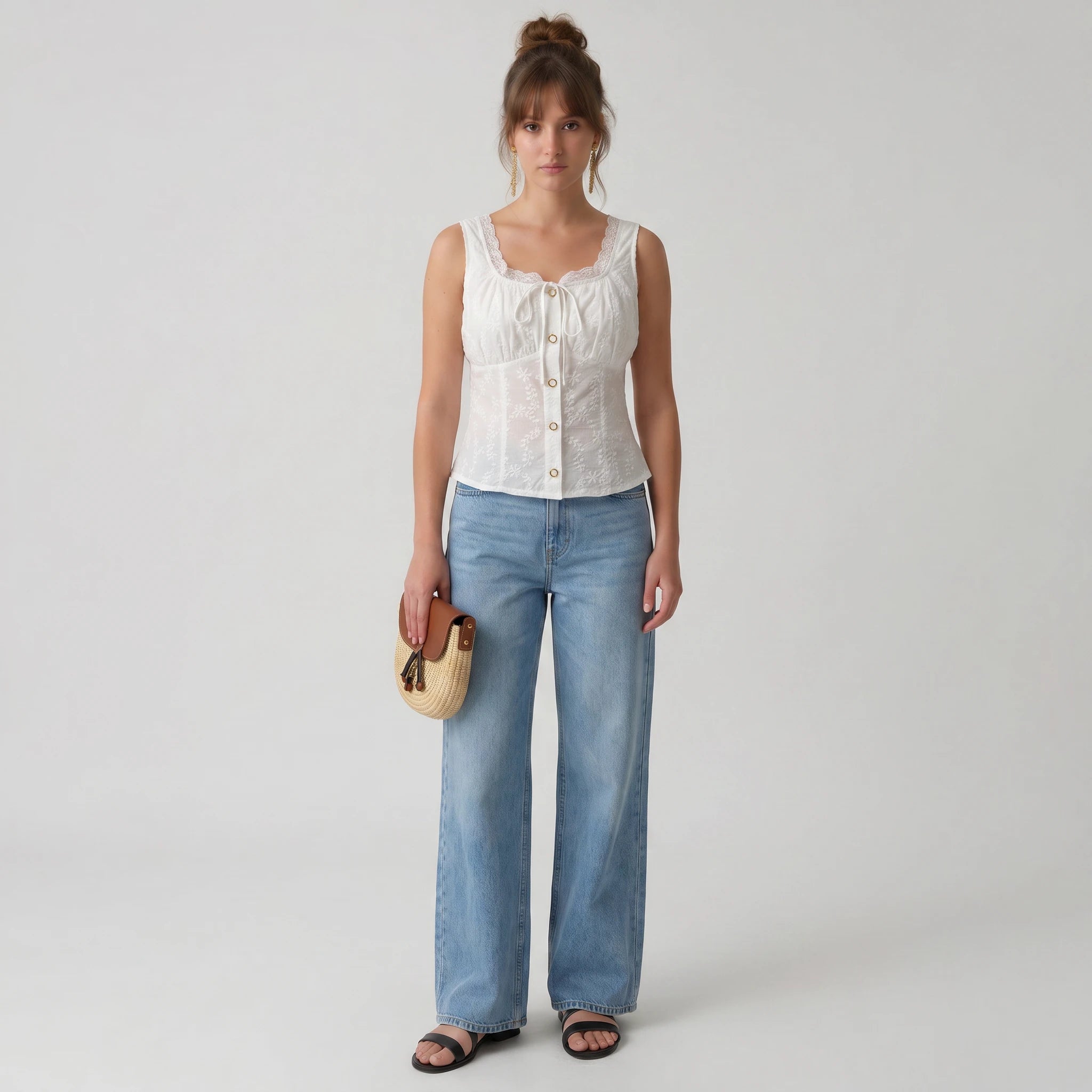 Embroidered Tie Front Tank Top WHD0605067-S-250607