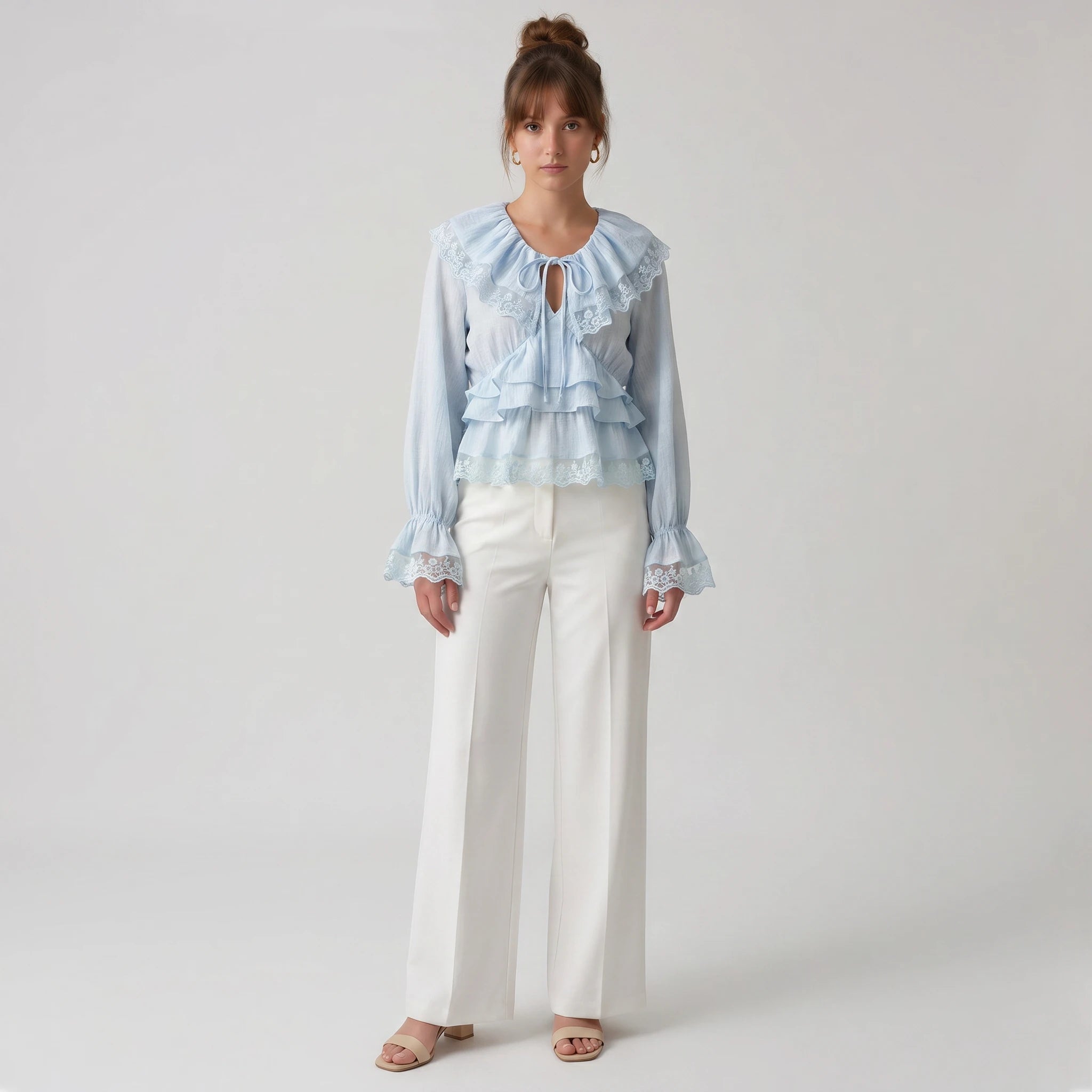 Lace Trim Ruffle Blouse WHD0605069-S-2505100