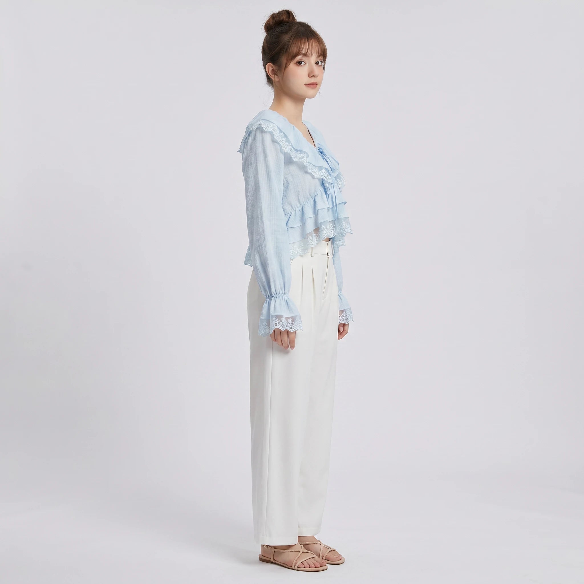 Lace Trim Ruffle Blouse WHD0605069-S-2505100