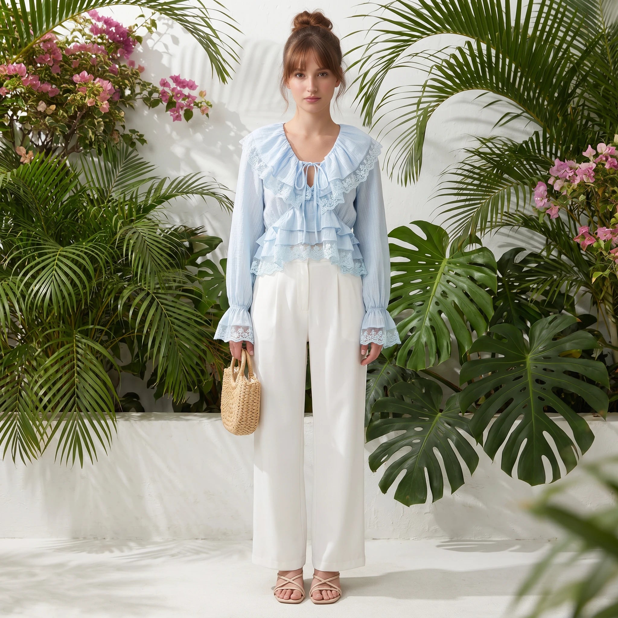Lace Trim Ruffle Blouse WHD0605069-S-2505100