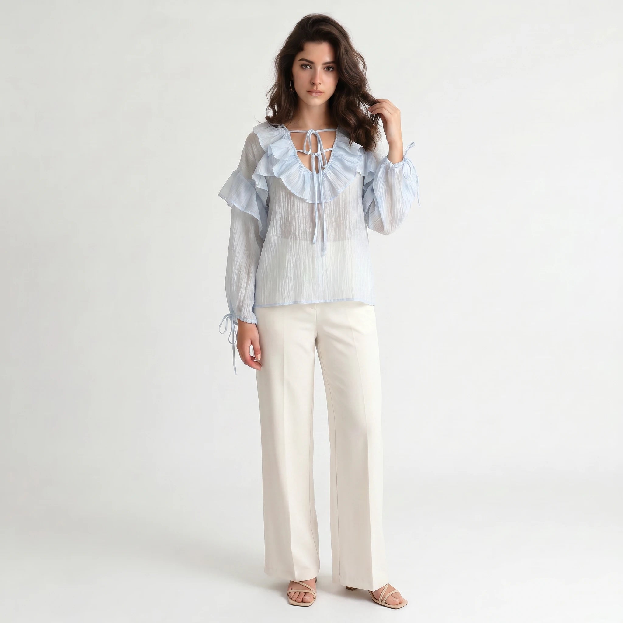 Sheer Ruffle Tie Blouse WHD0605070-S-250590