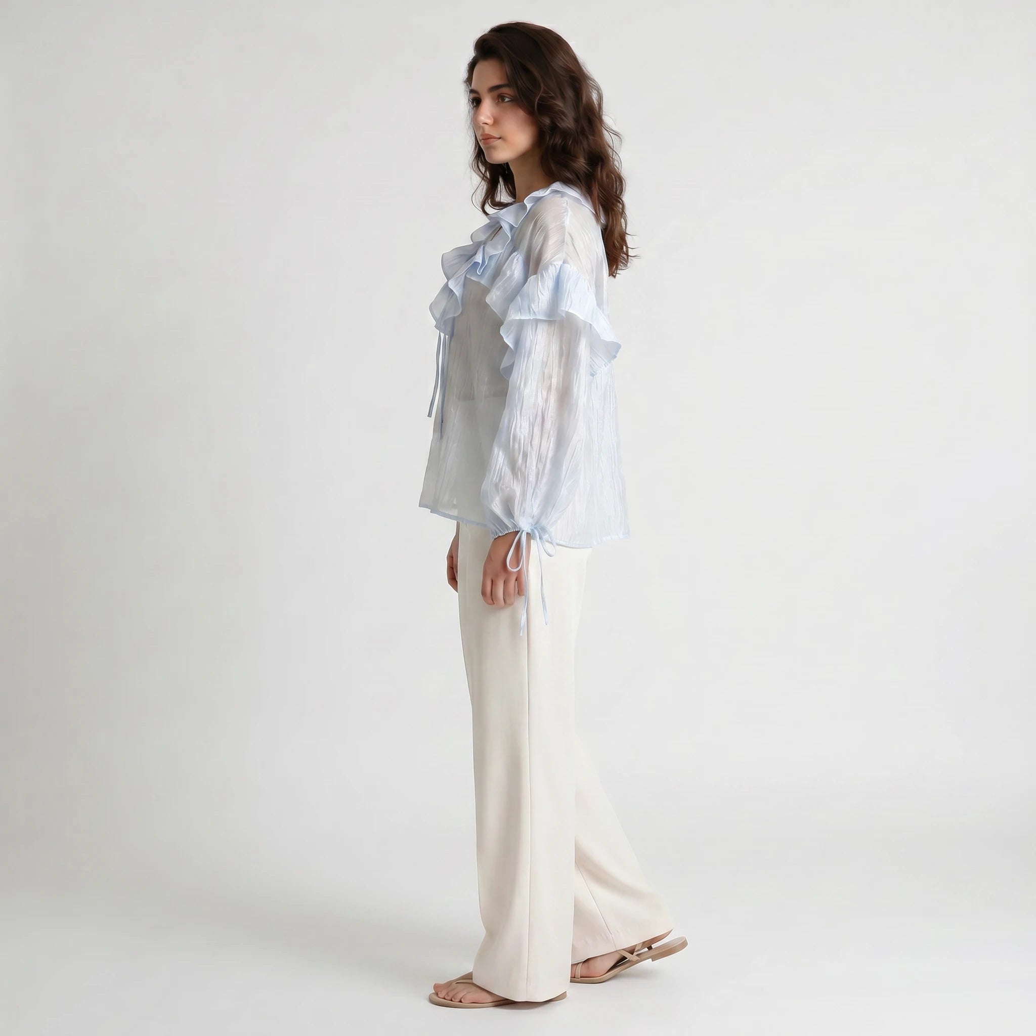 Sheer Ruffle Tie Blouse WHD0605070-S-250590