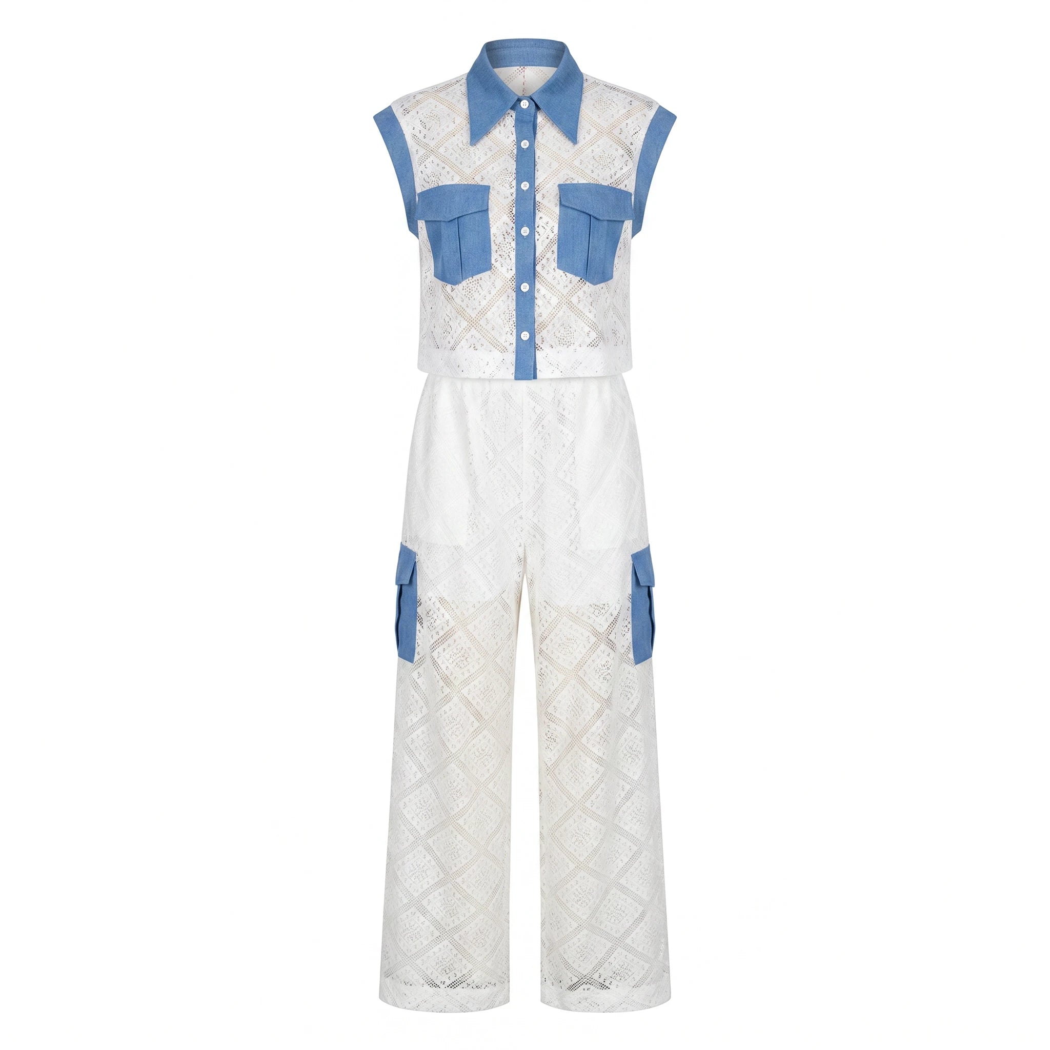 Lace Denim Trim Wide-Leg Set WHD0605070-S-2506102
