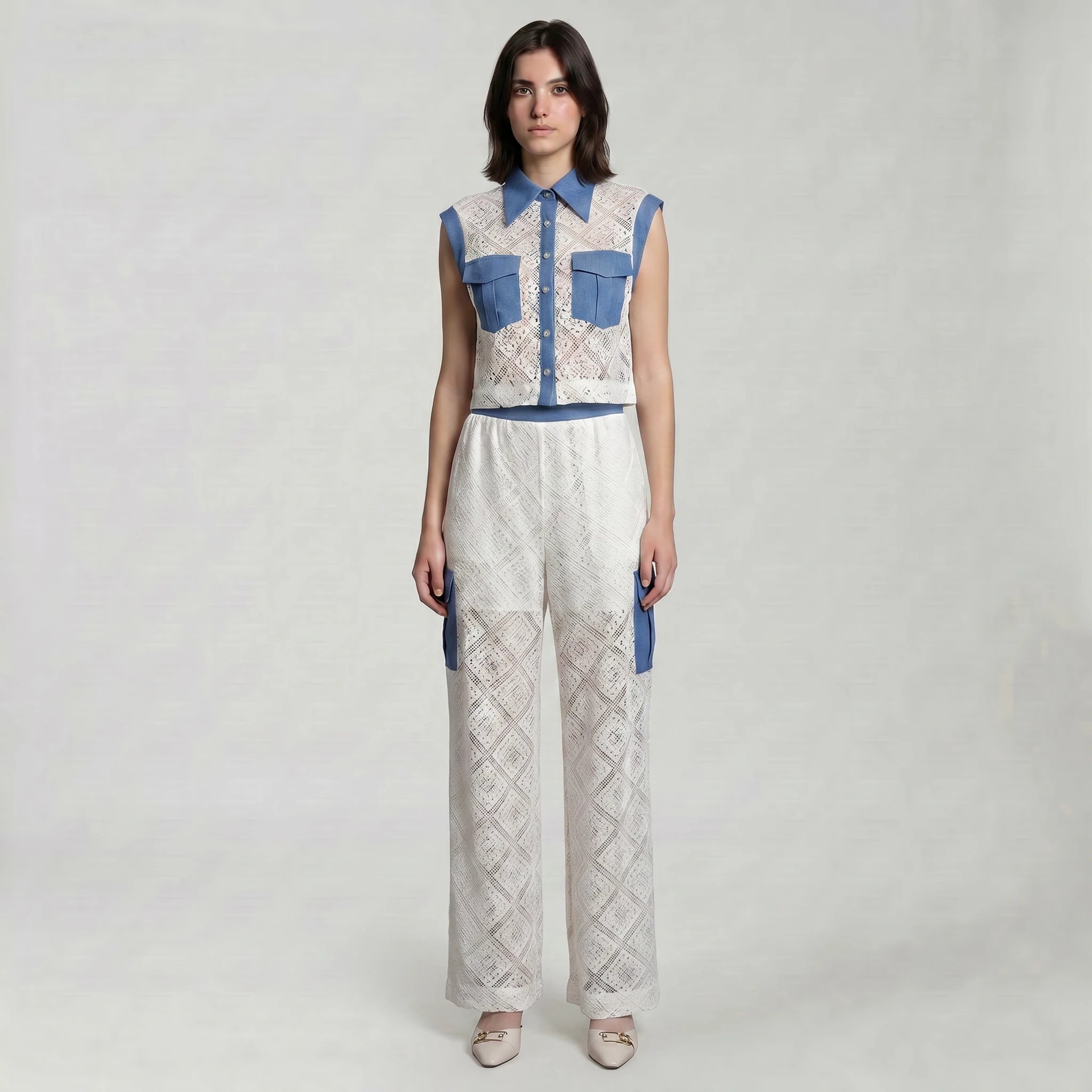 Lace Denim Trim Wide-Leg Set WHD0605070-S-2506102