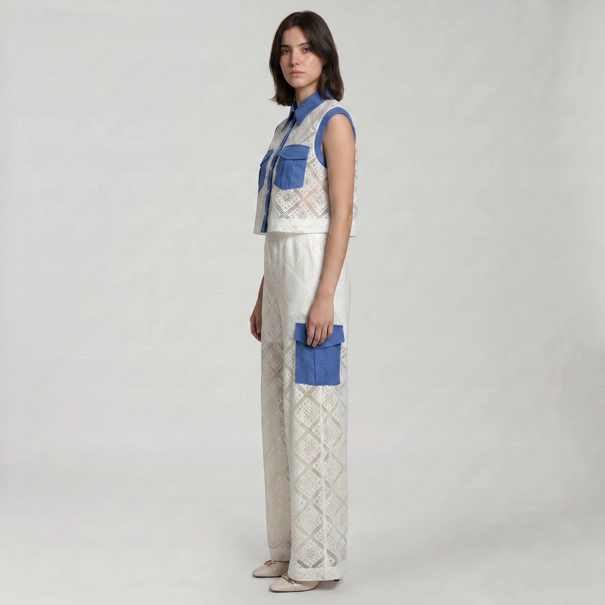 Lace Denim Trim Wide-Leg Set WHD0605070-S-2506102