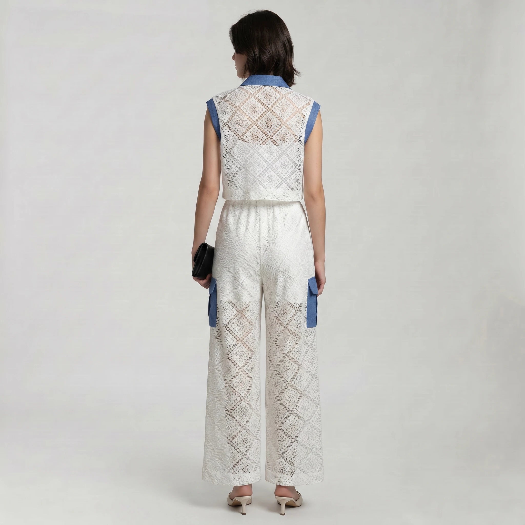 Lace Denim Trim Wide-Leg Set WHD0605070-S-2506102