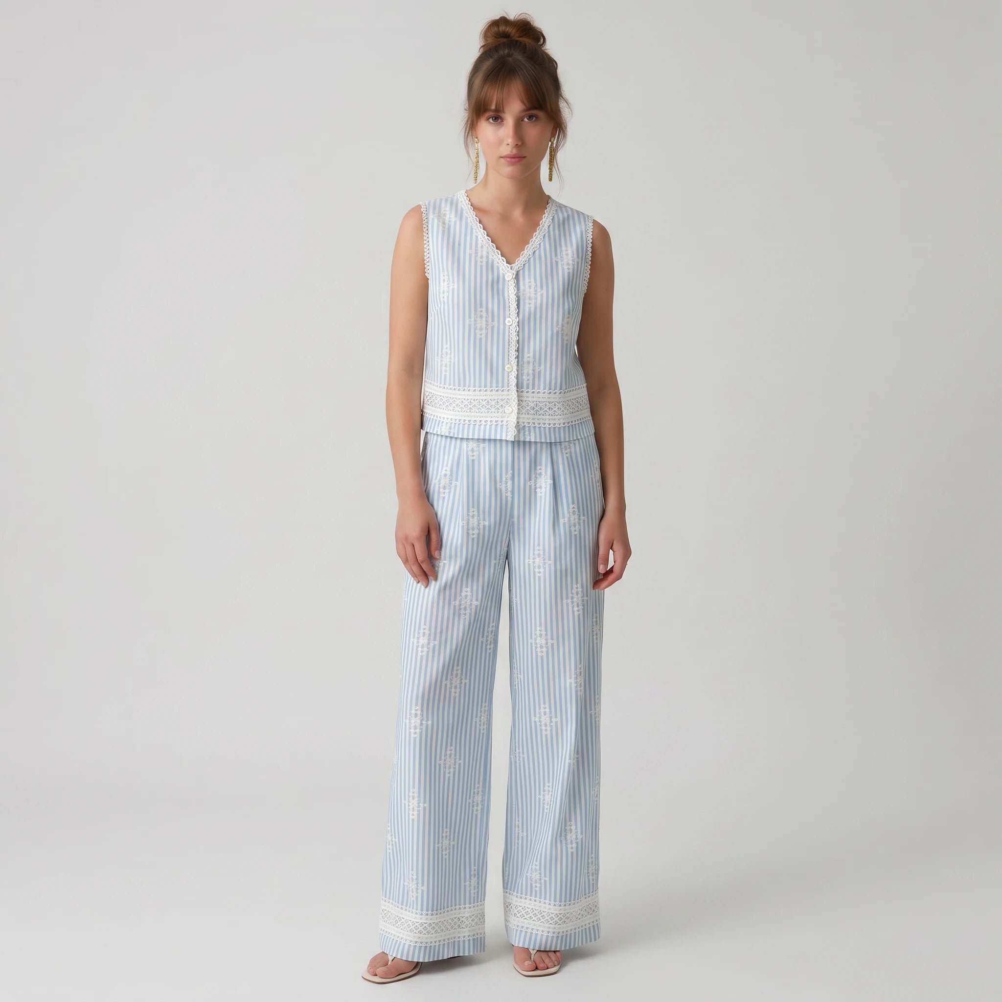 Striped Lace Trim Wide-Leg Set WHD0605071-S-2503210