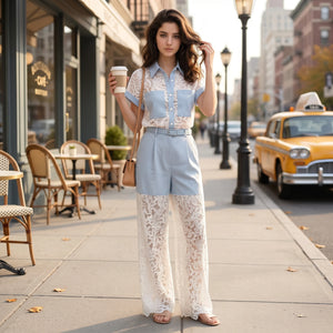 Lace Contrast Wide-Leg Set WHD0605072-S-2505205
