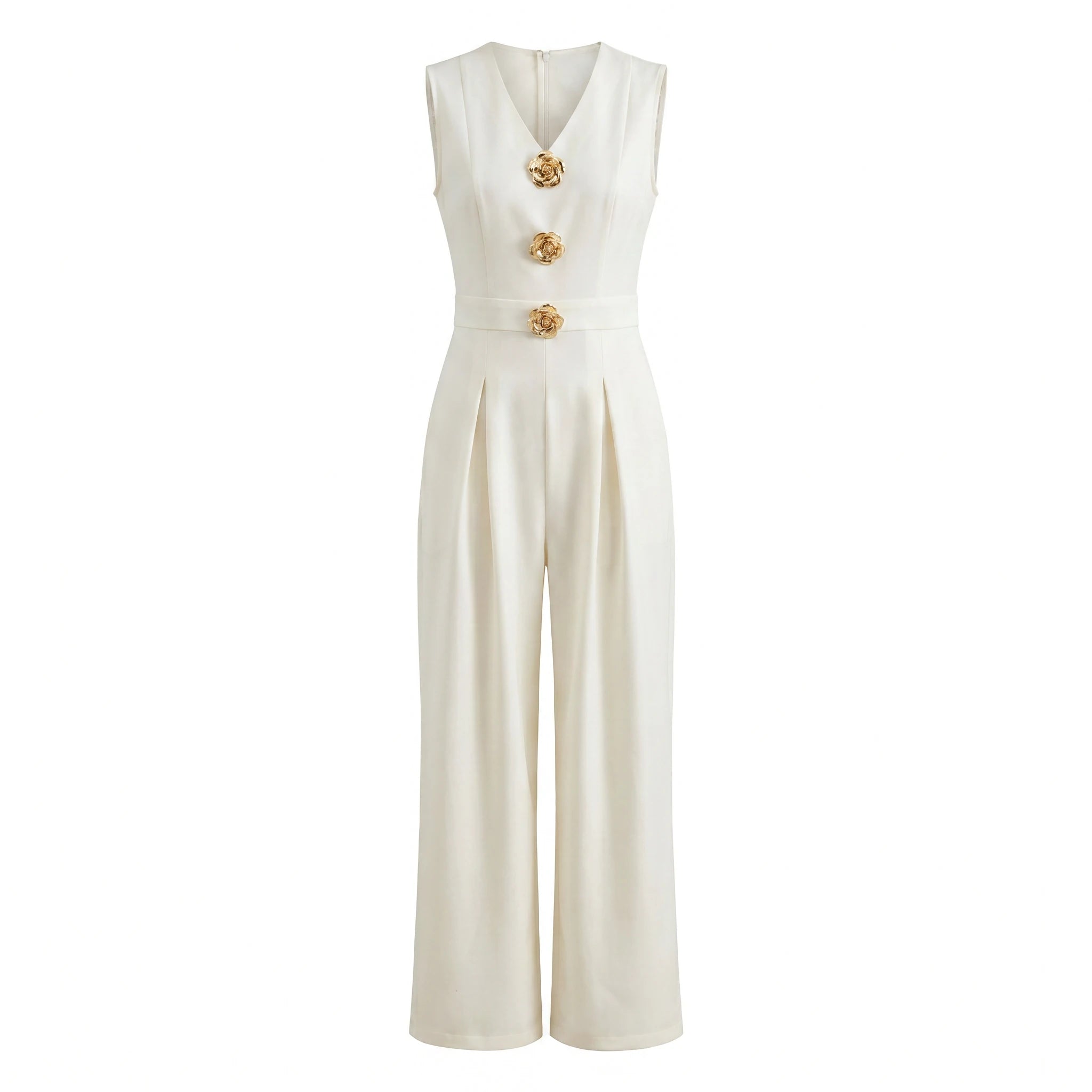 Ivory V-Neck Wide-Leg Jumpsuit WHD0605083-S-250829-1