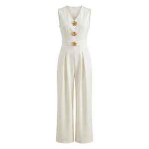Ivory V-Neck Wide-Leg Jumpsuit WHD0605083-S-250829-1
